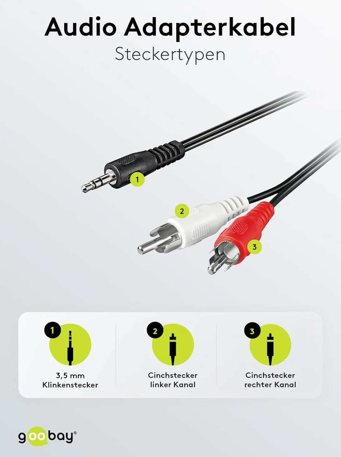 Goobay 50196 3,5 mm jack/kabel adaptera cinch - do gniazd słuchawkowych do RCA / 3-biegunowy stereo 3,5 mm wtyczka na 2 x wtyk cinch/czarny / 3 m