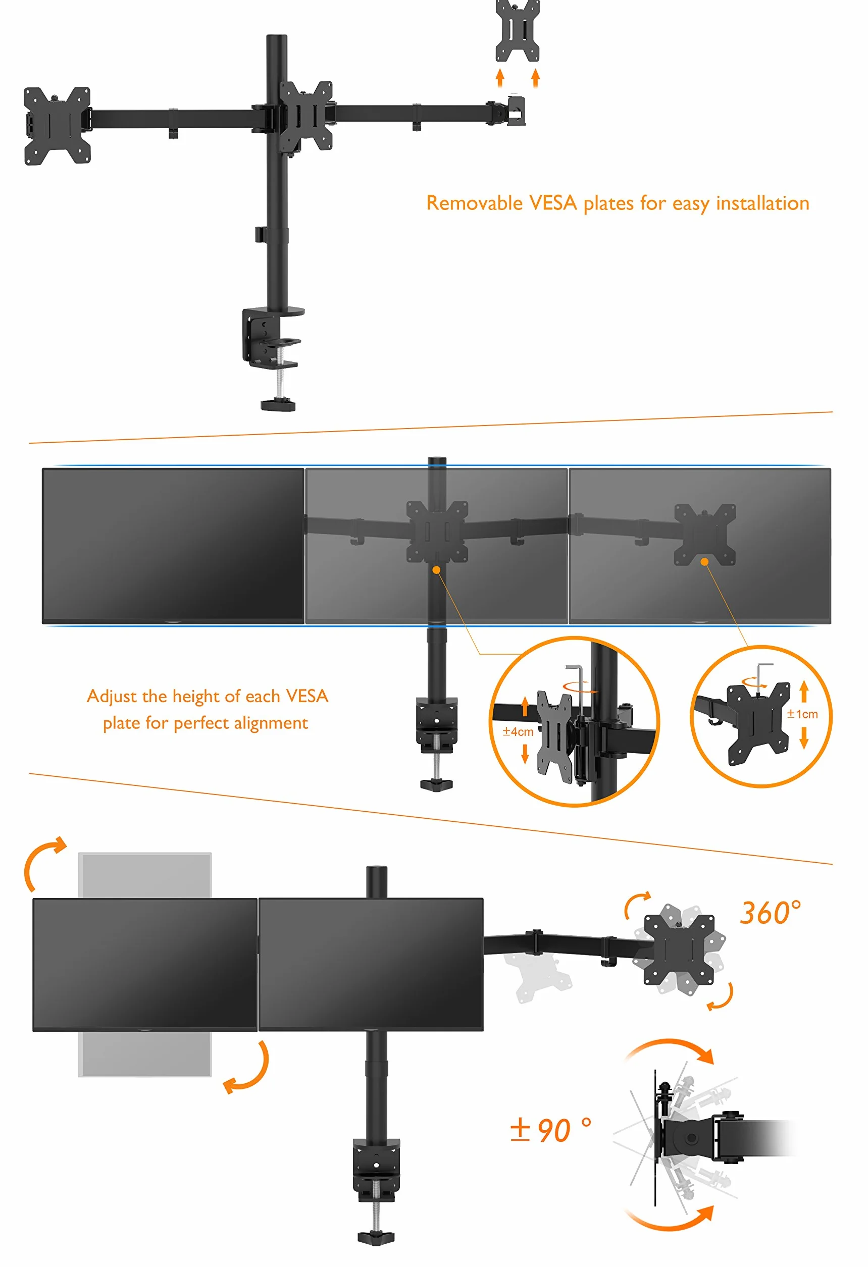 BONTEC Uchwyt na 3 Monitory Biurkowy 13-24 cale, VESA 75x75/100x100, Regulacja Wysokości, Pochylany 180°, Obracany 360°, Nośność 10kg na Monitor, Stojak na Monitory LCD/LED, Czarny | Potrójne ramię biurkowe z zaciskiem i otworem na kabel do pracy, nauki i