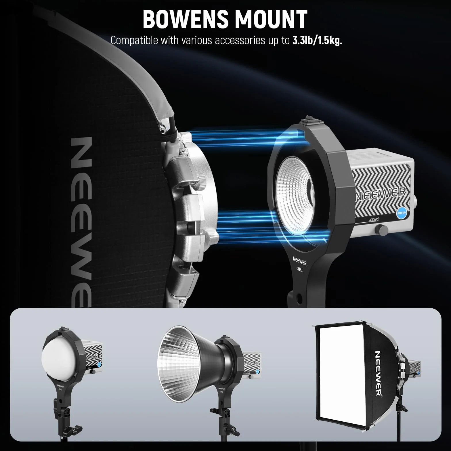 NEEWER Adapter CHB1 Mini na Bowens Mount, Kompatybilny z HS60B/HS60C, 5/8" Odbiornik, 180° Nachylenie i 360° Obrót, Czarny, Tworzywo Sztuczne, Uchwyt do Stawu Oświetleniowego