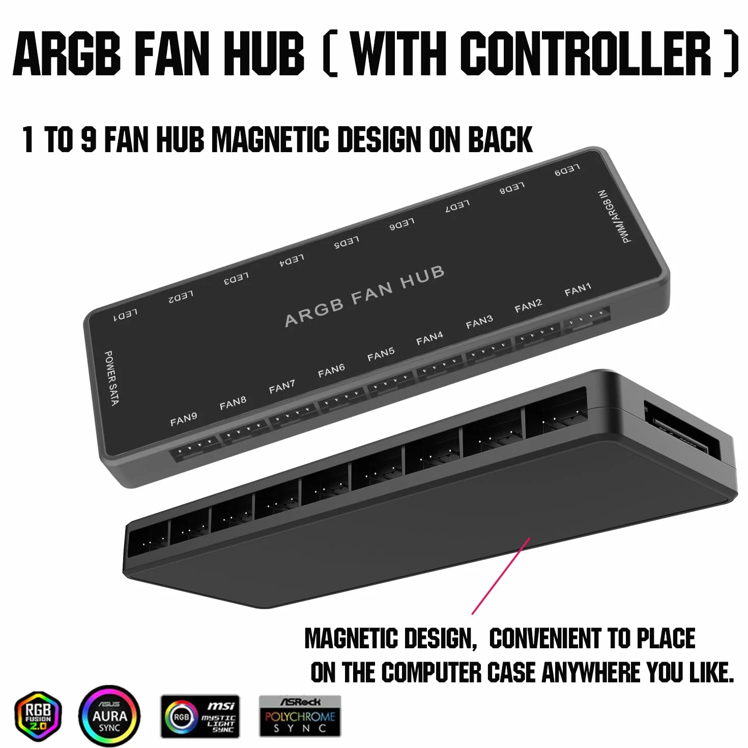 ARGB PWM koncentrator wentylatora, adresowalny 5V 3PIN ARGB 12V 4Pin PWM obudowa 2 w 1 RGB Hub wentylatora z kontrolerem i wejściem zasilania SATA, 9 portów dla wentylatorów i 9 portów dla diod LED,