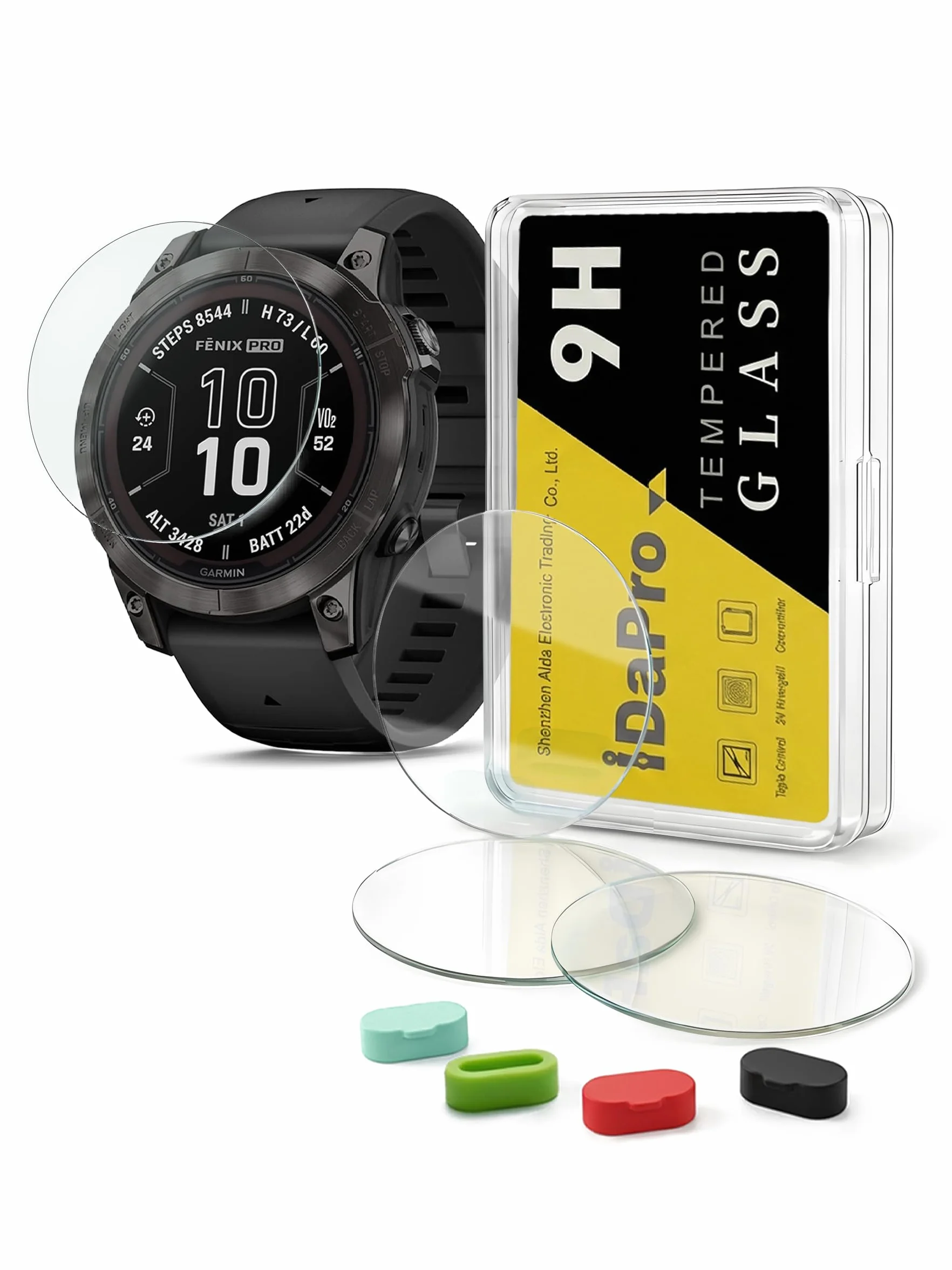 Osłona ekranu do Garmin Fenix 7 Pro (Solar/Sapphire Solar) ze szkła hartowanego 9H, 4 szt. + wkładki antykurzowe silikonowe