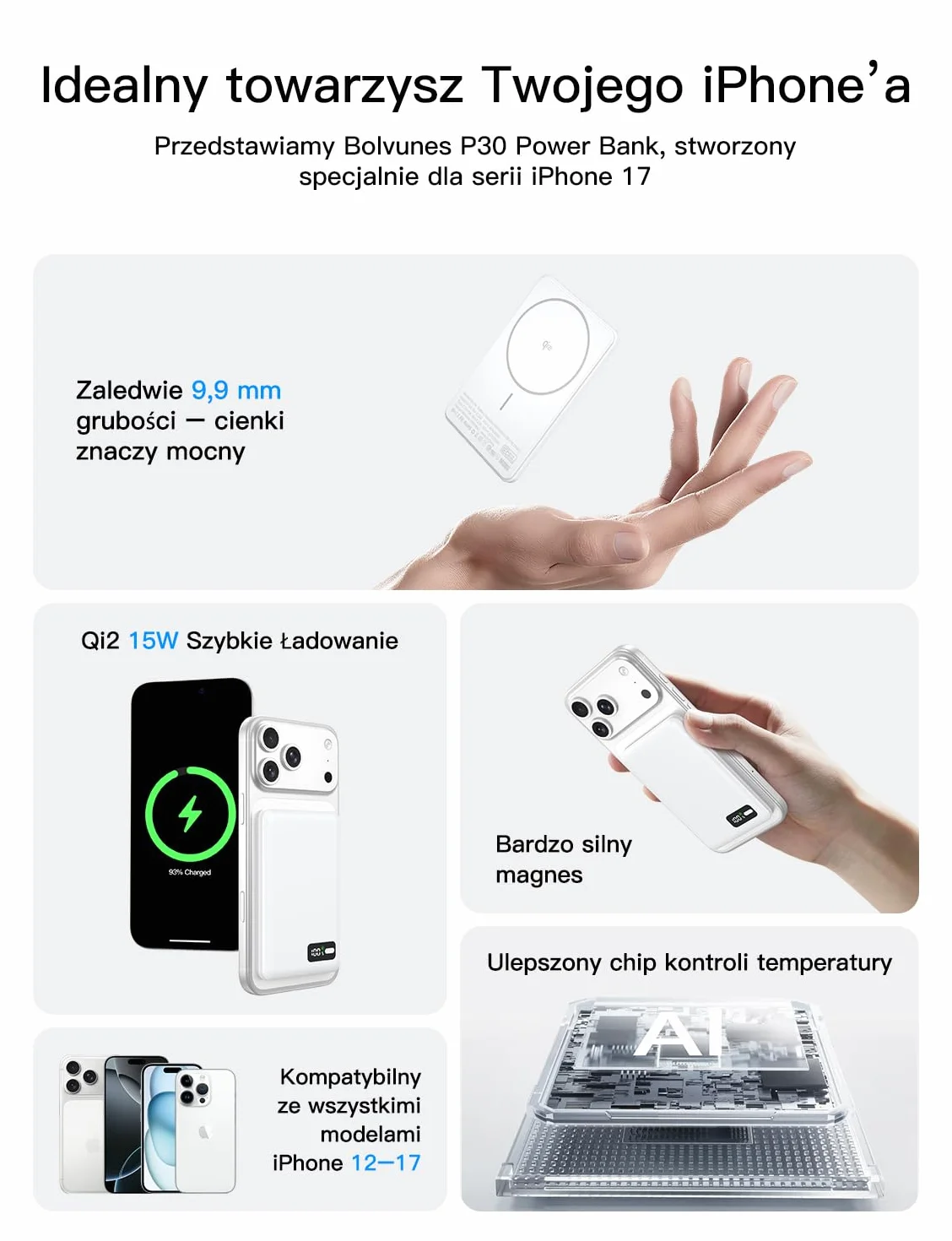 Powerbank Power Bank for MagSafe Slim Cienki 5000 mAh 15 W maks. ładowanie Qi2 Wyświetlacz cyfrowy Smukły Szybkie ładowanie Kieszonkowy Magnetyczny PD Typ C dla iPhone'a 17/16/15/14/13/12 Series