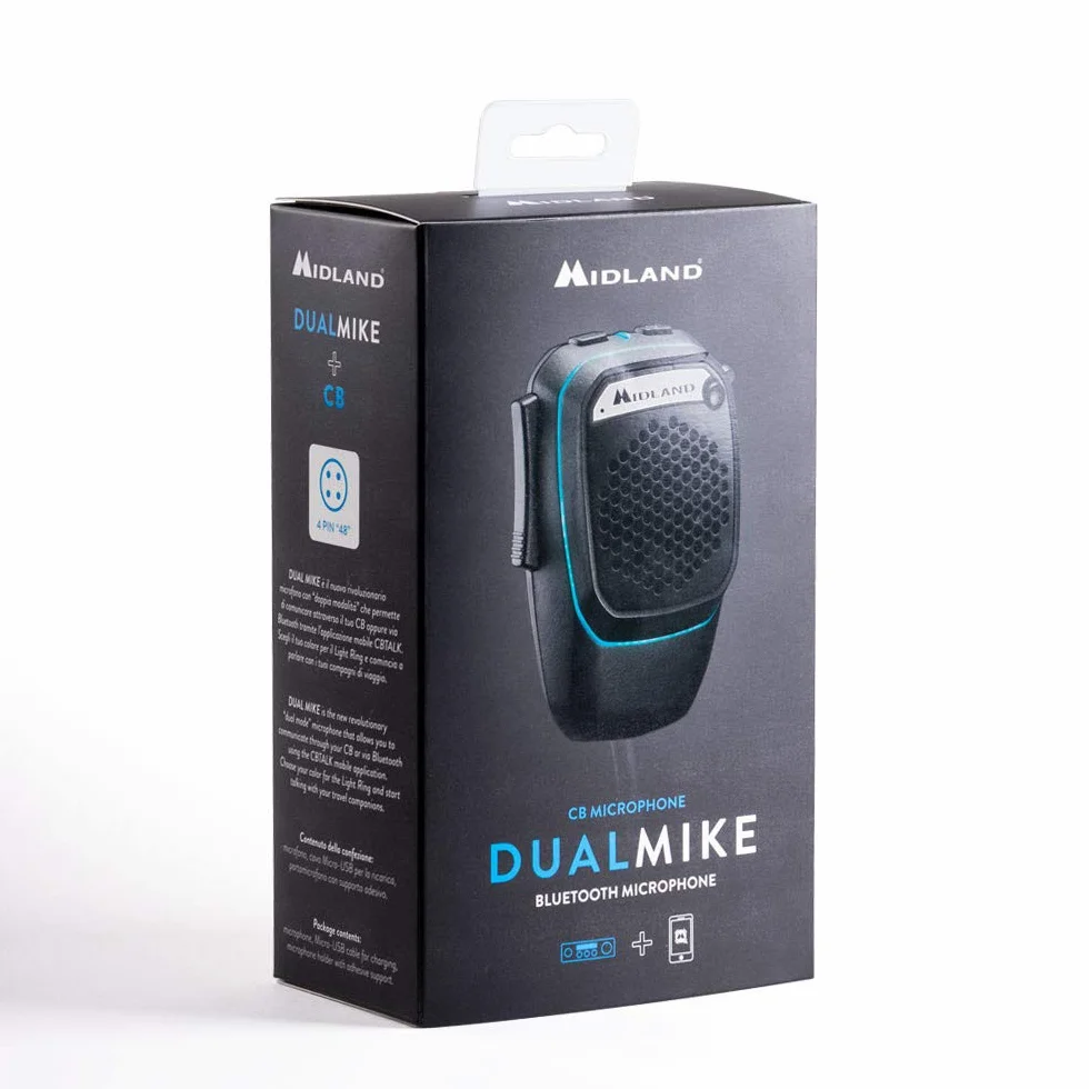 Midland - Mikrofon Bluetooth Dual Mike do radia CB, przedwzmacniacz 4-pinowy, połączenie CB i smartfon, podwójny PTT, wbudowany głośnik, DSP dla jakości głosu, kompatybilny z aplikacją CBTal