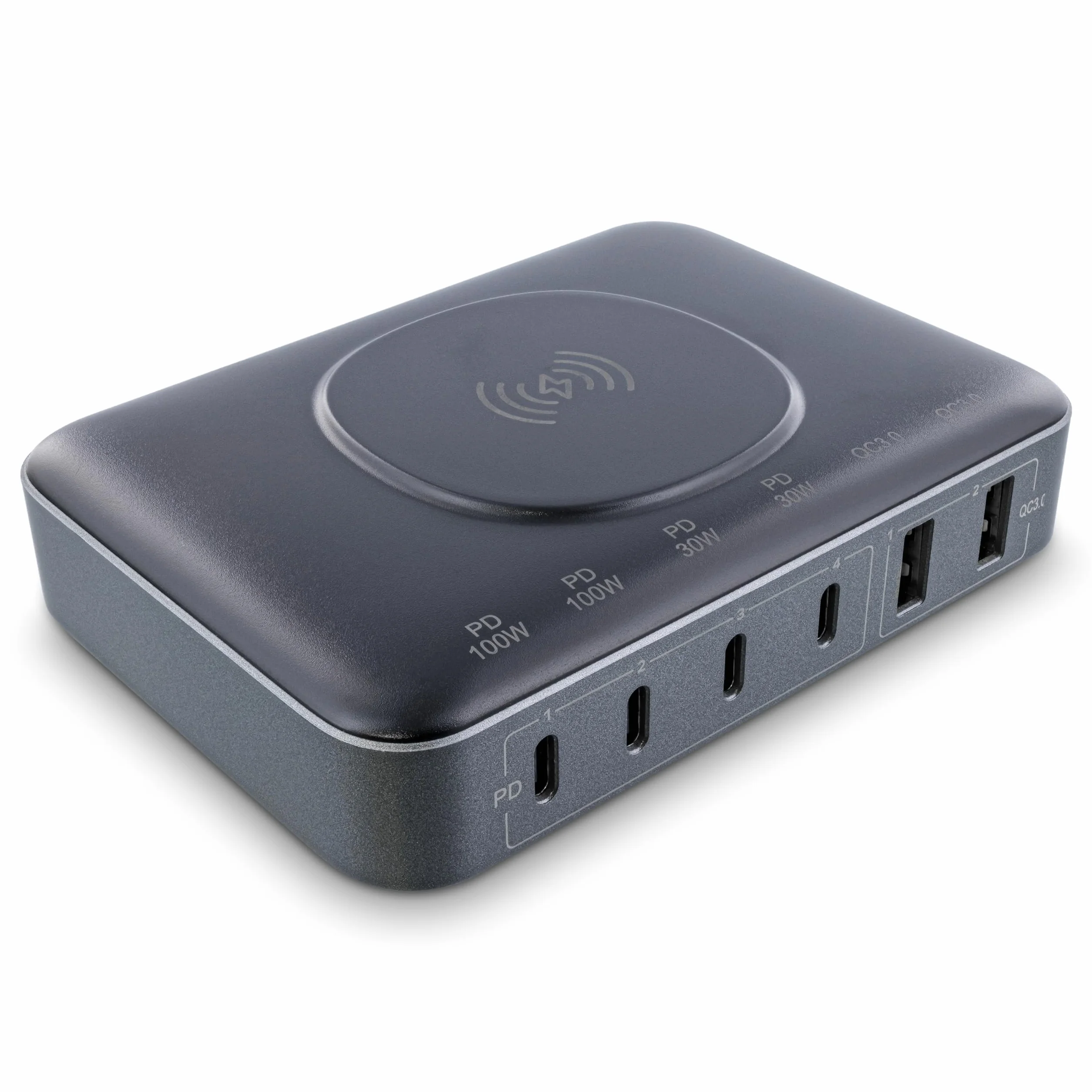 InLine Qi Powerstation 6-portowa, bezprzewodowa ładowarka, 4 x USB-C, 2 x USB-A, GaN, 100 W, szybka ładowarka, zasilacz do MacBook Pro/Air, iPhone/Pro/Mini, iPad Pro, Pixel i innych, czarna, 31517K