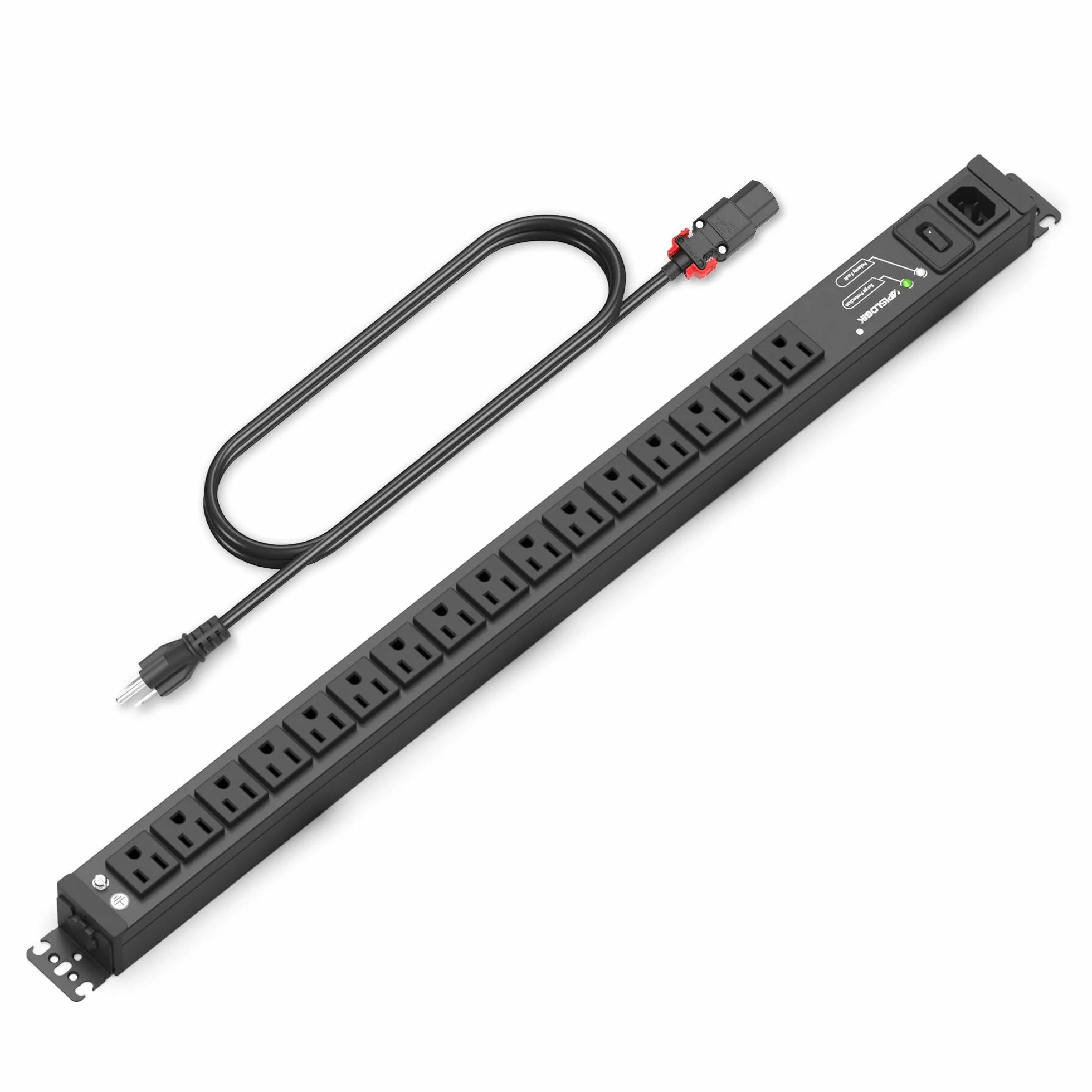 16 gniazd, listwa zasilająca 15 A/125 V z przełącznikiem, 5-15 R, 1,8 m 5-15P na kabel sieciowy do automatycznego blokowania, listwa zasilająca montowana ze stopu metali
