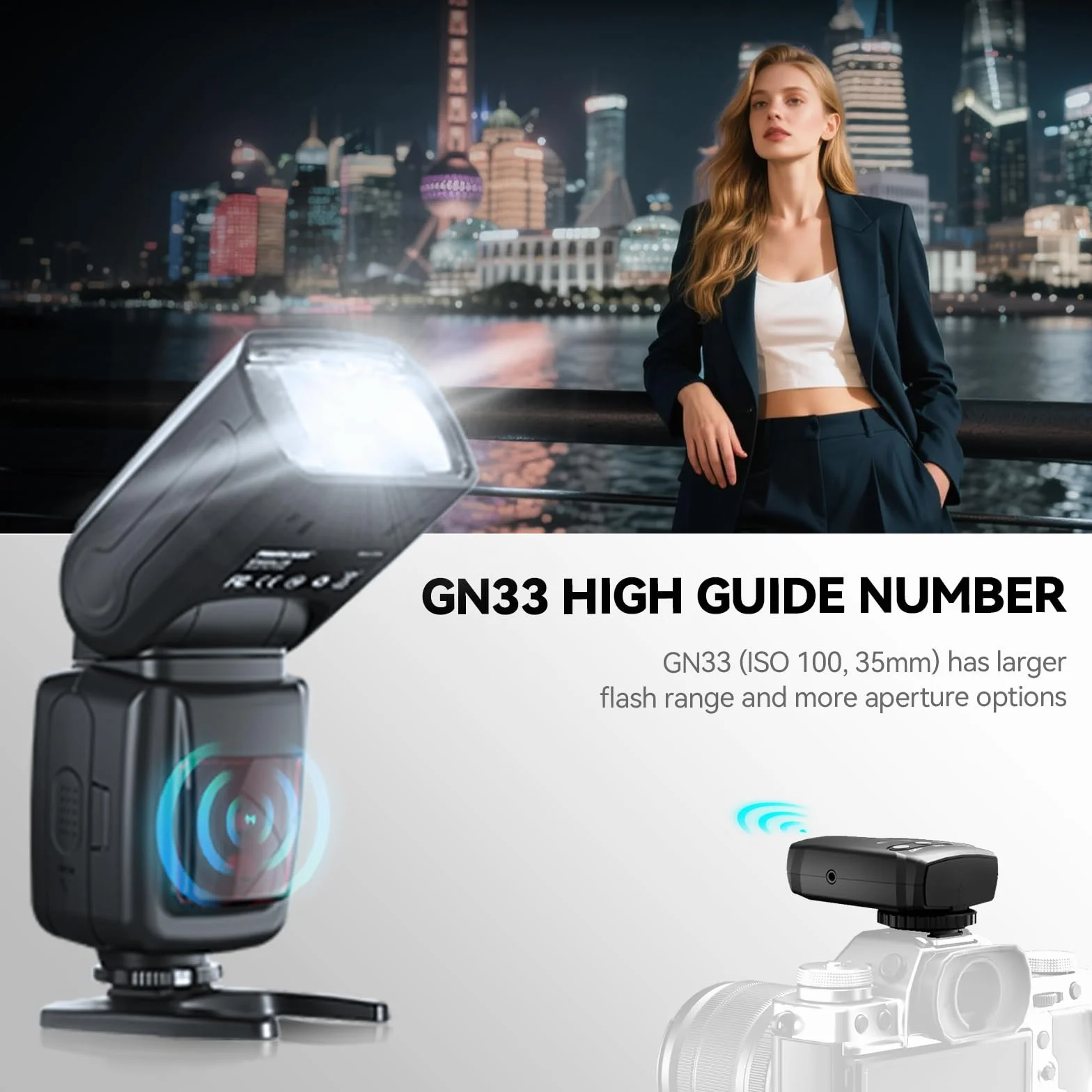 PHOTOOLEX FK300G Lampa błyskowa Speedlite GN33 z wyzwalaczem | Uniwersalna stopka do butów Canon, Nikon, Sony, Fuji. Bezprzewodowe 2,4 G, 8 poziomów mocy, tryby M/S1/S2
