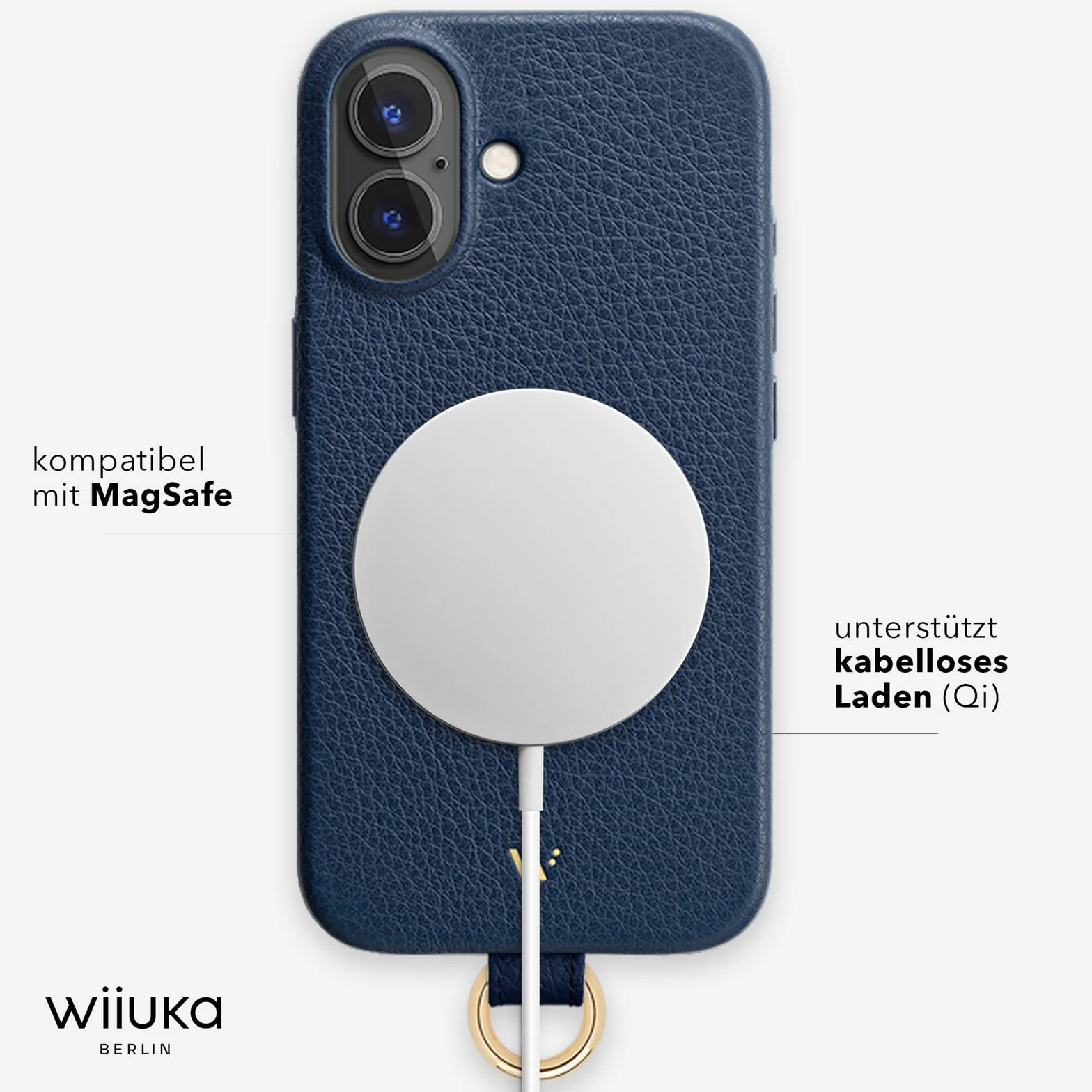 WIIUKA Etui do iPhone 17, skórzane etui z Niemiec, skórzane etui na telefon komórkowy, wysokiej jakości etui na telefon komórkowy, etui, łańcuszek, pętla narciarska, ciemnoniebieskie niebieskie