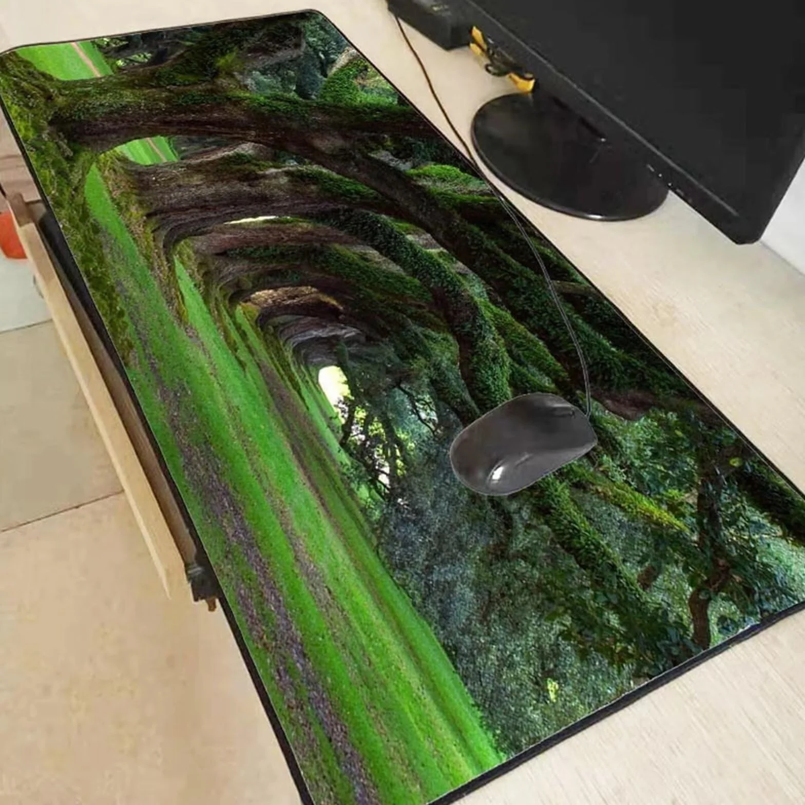 Podkładka pod mysz z dużym zielonym drzewem, 1200 x 600 x 3 mm, rozszerzona duża podkładka pod mysz, podkładka na biurko, zszywane krawędzie, antypoślizgowa gumowa podstawa, podkładka pod klawiaturę,