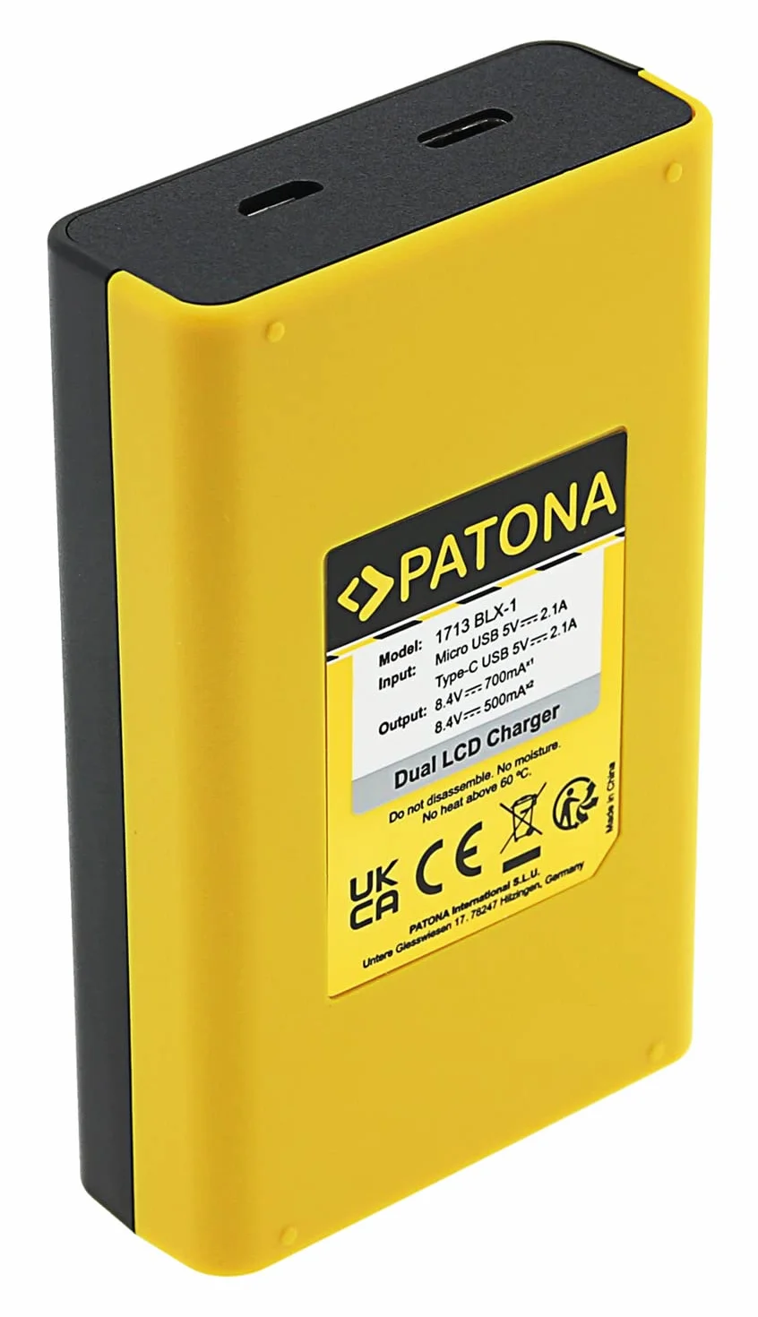 PATONA Dual LCD Ładowarka USB-C/Micro-USB do Olympus BLX-1 BLX1 | Kompaktowa ładowarka podróżna do OM System OM-1, OM1 Mark II, OM-3, OM3, z kablem USB
