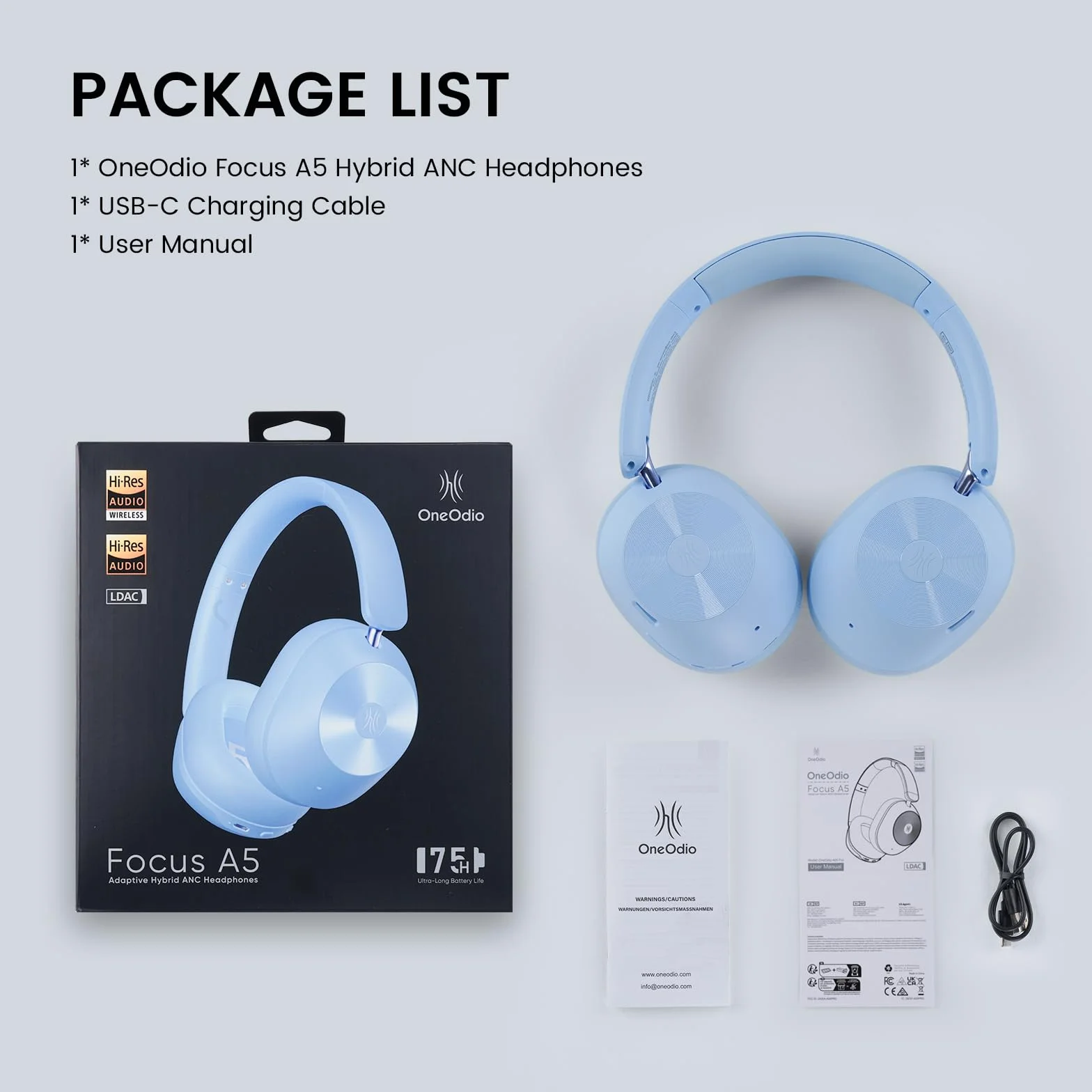 OneOdio Słuchawki nauszne A5, bezprzewodowe, Bluetooth, hybrydowa, aktywna redukcja szumów, dźwięk Hi-Res LDAC, akumulator 75 godzin, Bluetooth 5.4, wyraźne połączenia, tryb gry, szybkie ładowanie do