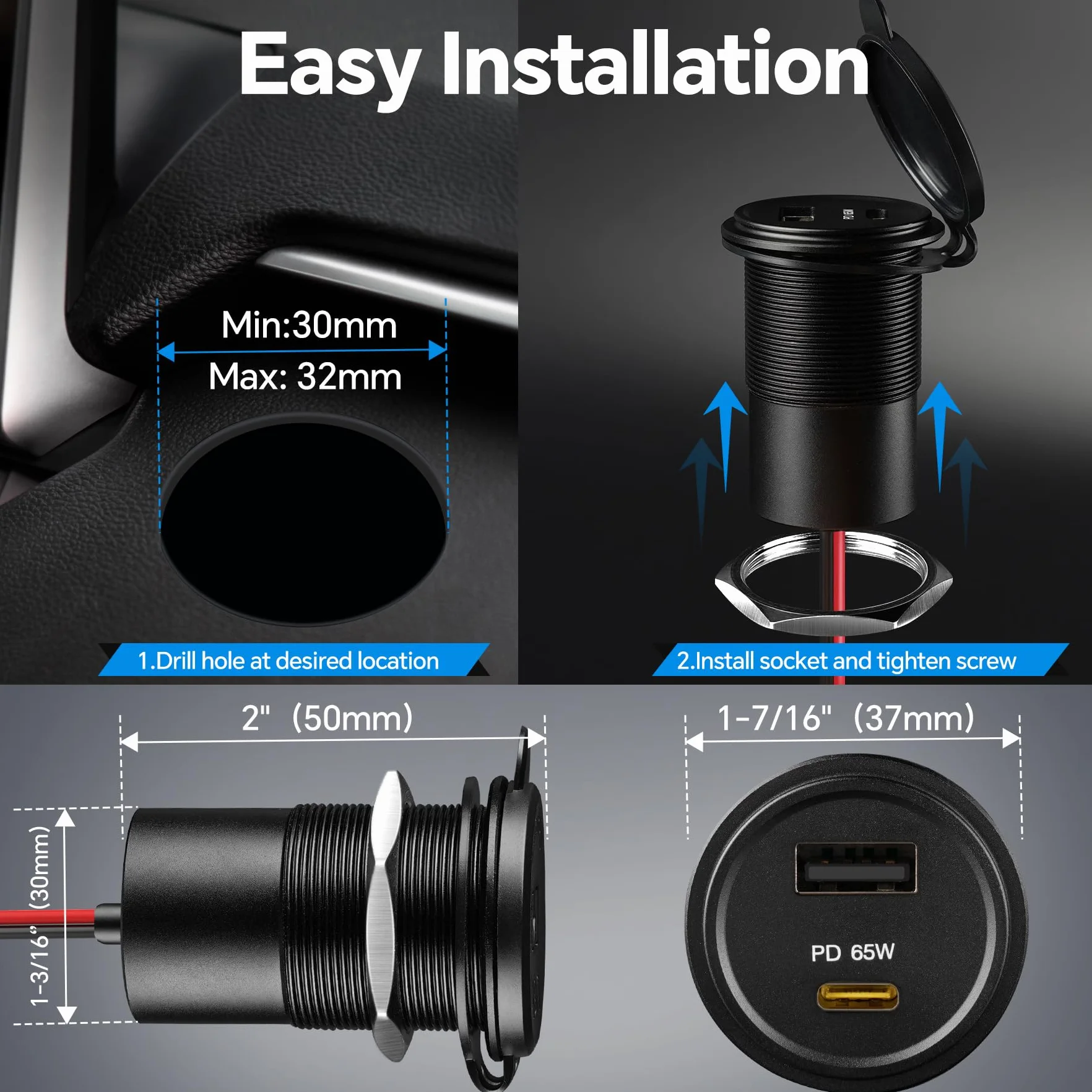 acegoo Gniazdo USB 12 V 65 W PD3.0 i 18 W QC3.0, gniazdo USB kampera, całkowicie aluminiowa, wodoodporna ładowarka do laptopa, szybkie ładowanie do kampera, łodzi, autobusu, samochodu, ciężarówki, ATV