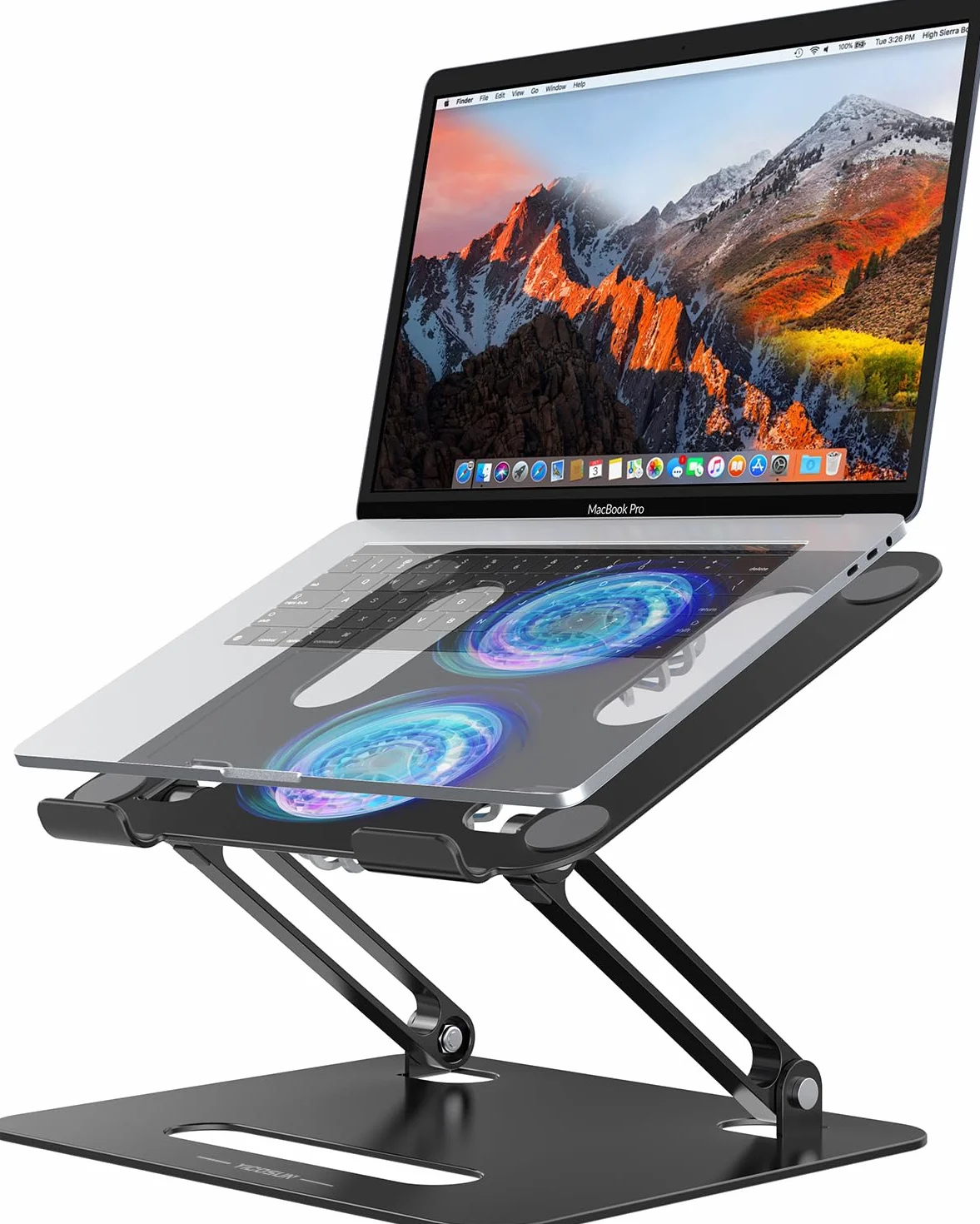 YICOSUN Regulowany stojak chłodzący na laptopa z 2 cichymi wentylatorami i oświetleniem RGB, stop aluminium i składana, ergonomiczna konstrukcja do MacBooka, Lenovo, ASUS, Dell 25-40.6 cm, idealny do