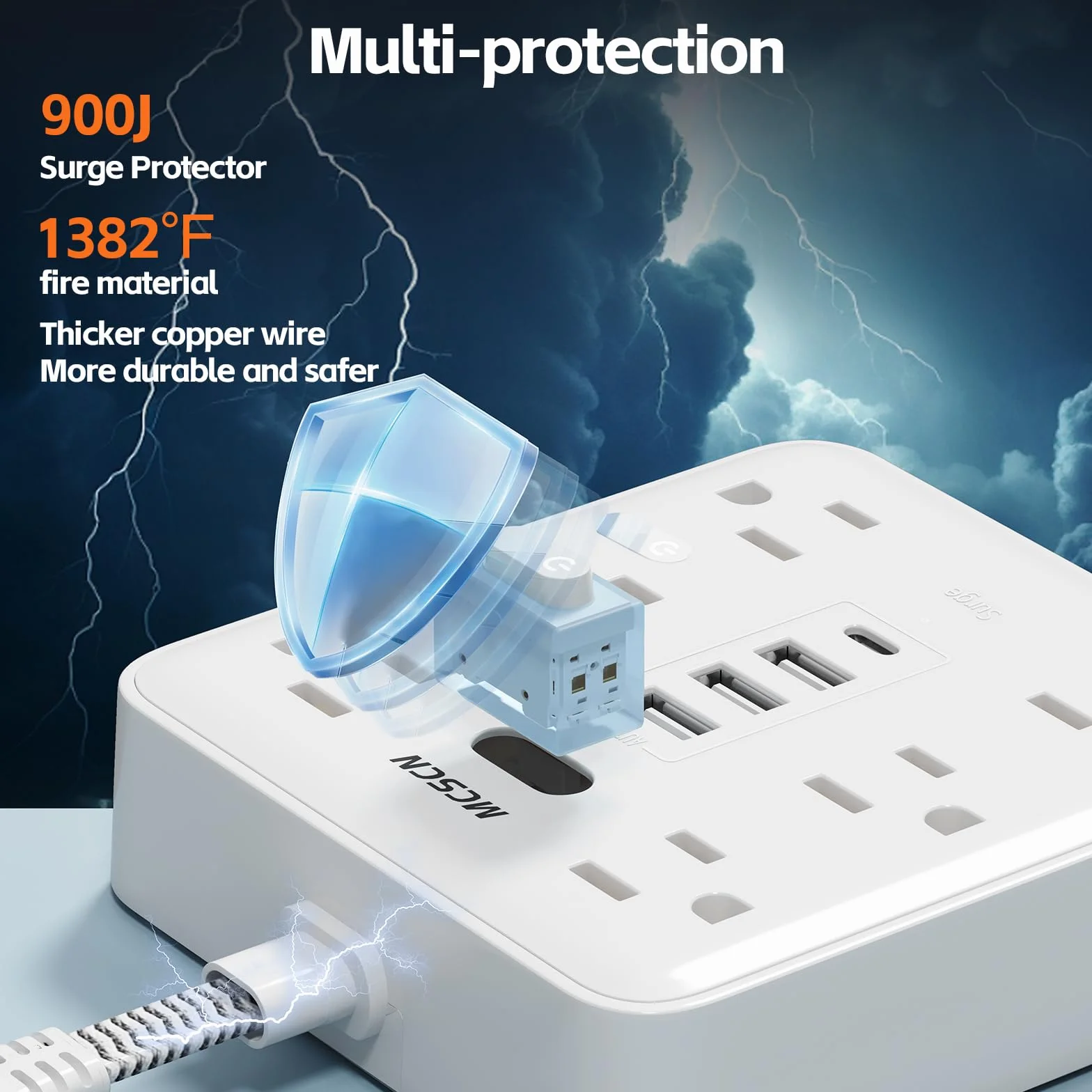Smukłe i cienkie przenośne płaskie gniazdo, zabezpieczenie przed przeciążeniem, listwa zasilająca z 6 gniazdami AC, 4 USB (1C) do domu, biura, sypialni, podróży, niezbędnych rzeczy, ognia