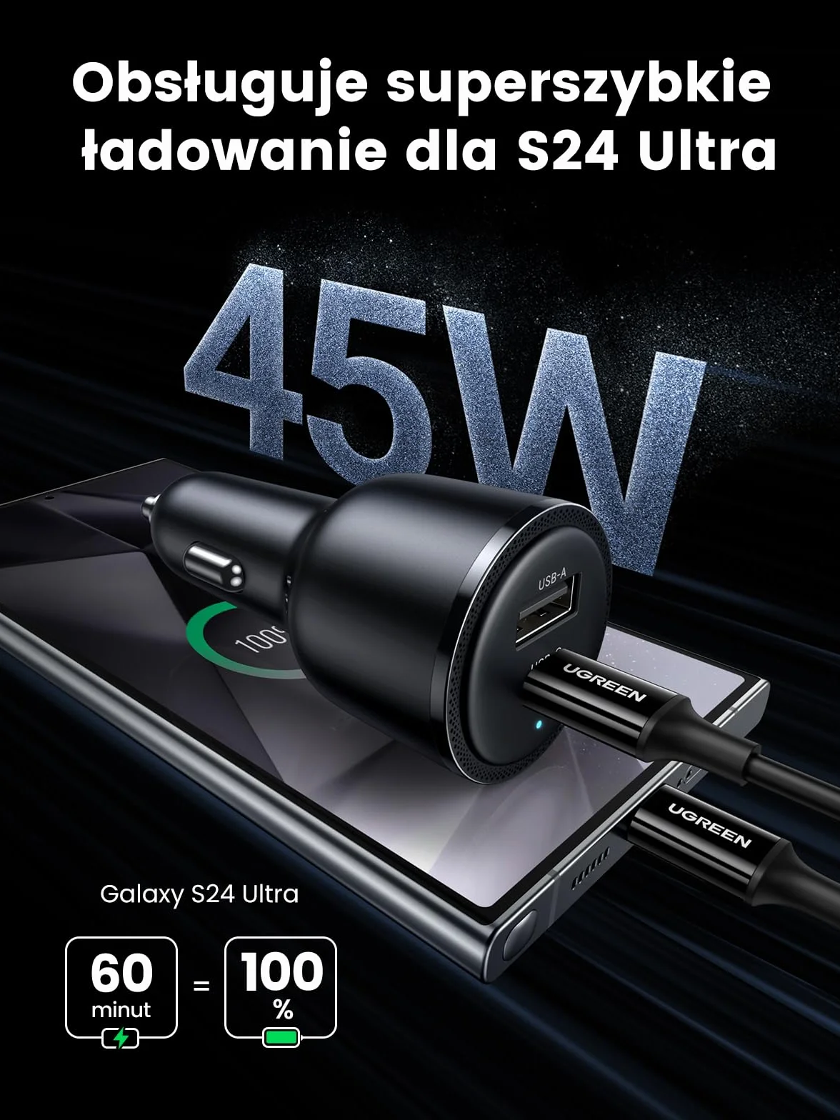 UGREEN Zapalniczka USB 63 W 45 W + 18 W Ładowarka samochodowa USB C 12 V PPS Kompatybilna z iPhone17/16/15 MacBook Air, S25, S24 nawigacją GPS itp