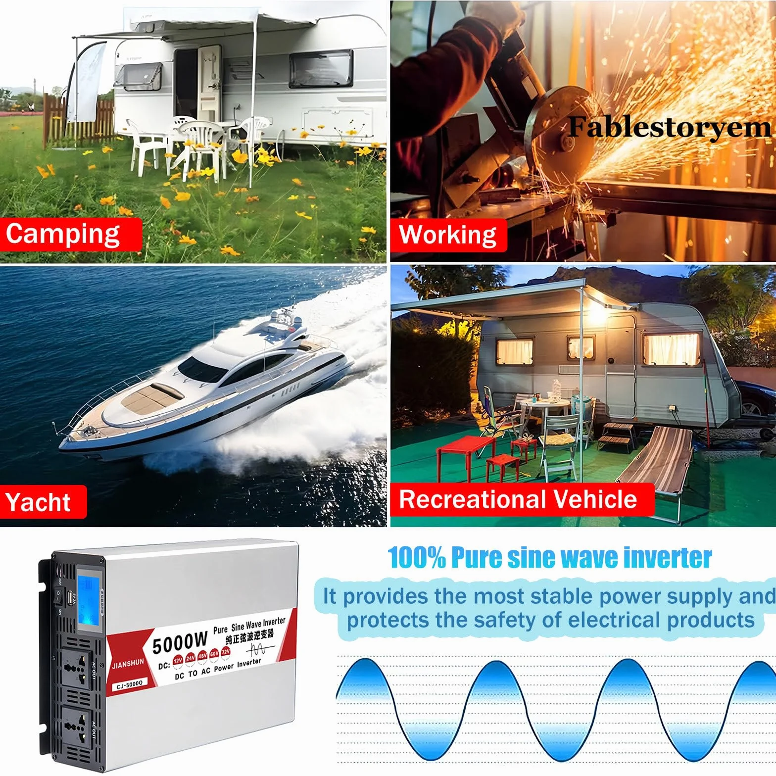 Falownik Sinusoidalny 4000W 5000W 6000W 8000W, 12V 24V 48V 60V do 120V 230V, Konwerter Zasilania Pojazdu Adapter Samochodowy z Portami USB, Falownik Solarny Poza Siecią,5000W-12V