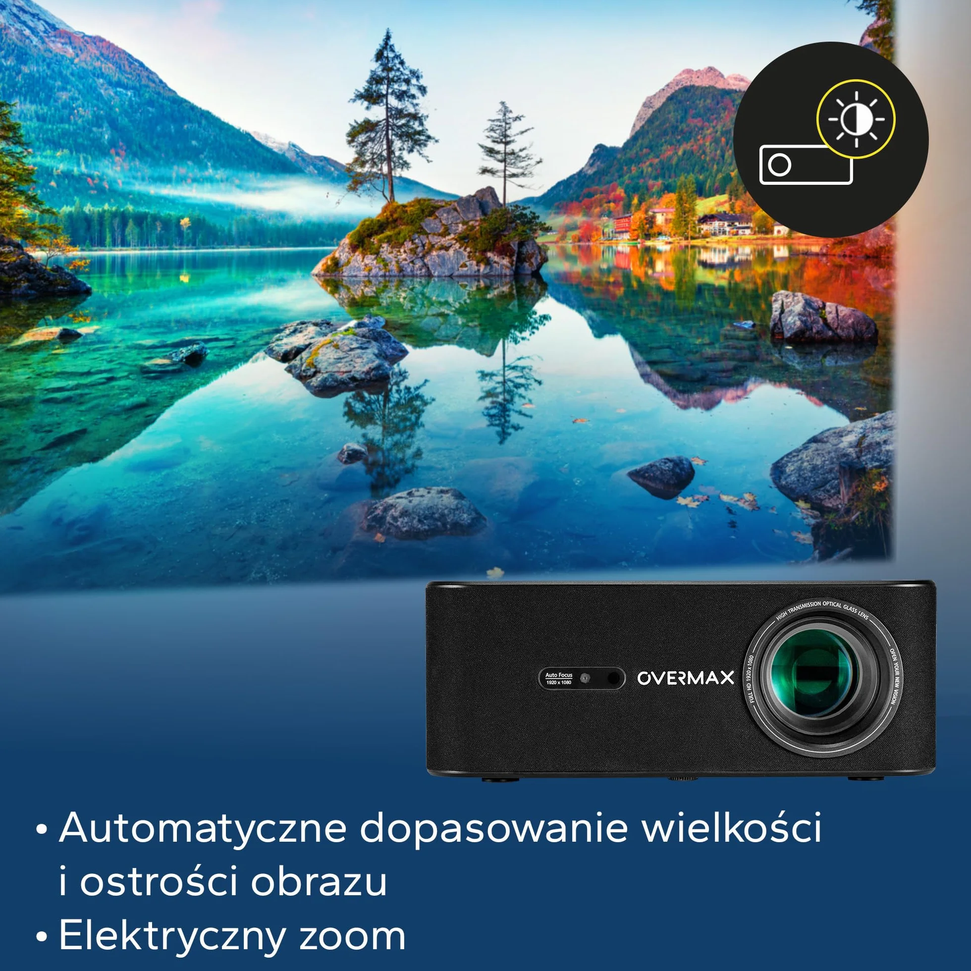 OVERMAX Projektor 4K Full HD 1080P Multipic 5.2, Google TV, WiFi i Bluetooth, Automatyczna Korekcja Keystone 30°, Elektryczny Zoom, Miracast i Obrót 360°, Ekran do 200”
