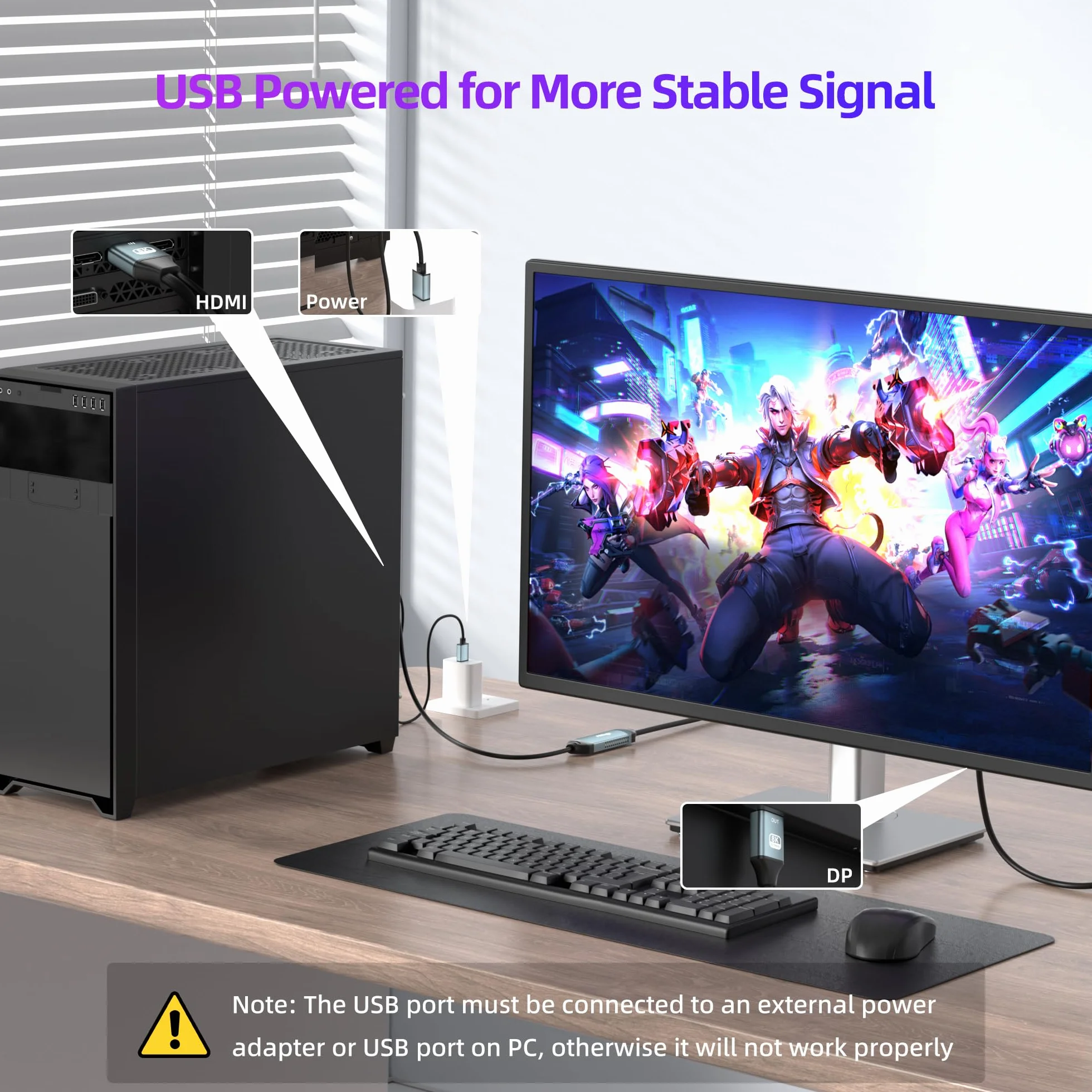 Adapter HDMI na DisplayPort 8K@60Hz, 4K@144Hz / 2K@240Hz, 1,5 m – Konwerter HDMI 2.1 na DP 1.4 do monitorów gamingowych – Aktywny kabel HDMI na DisplayPort do PS5, Xbox i komputerów gamingowych