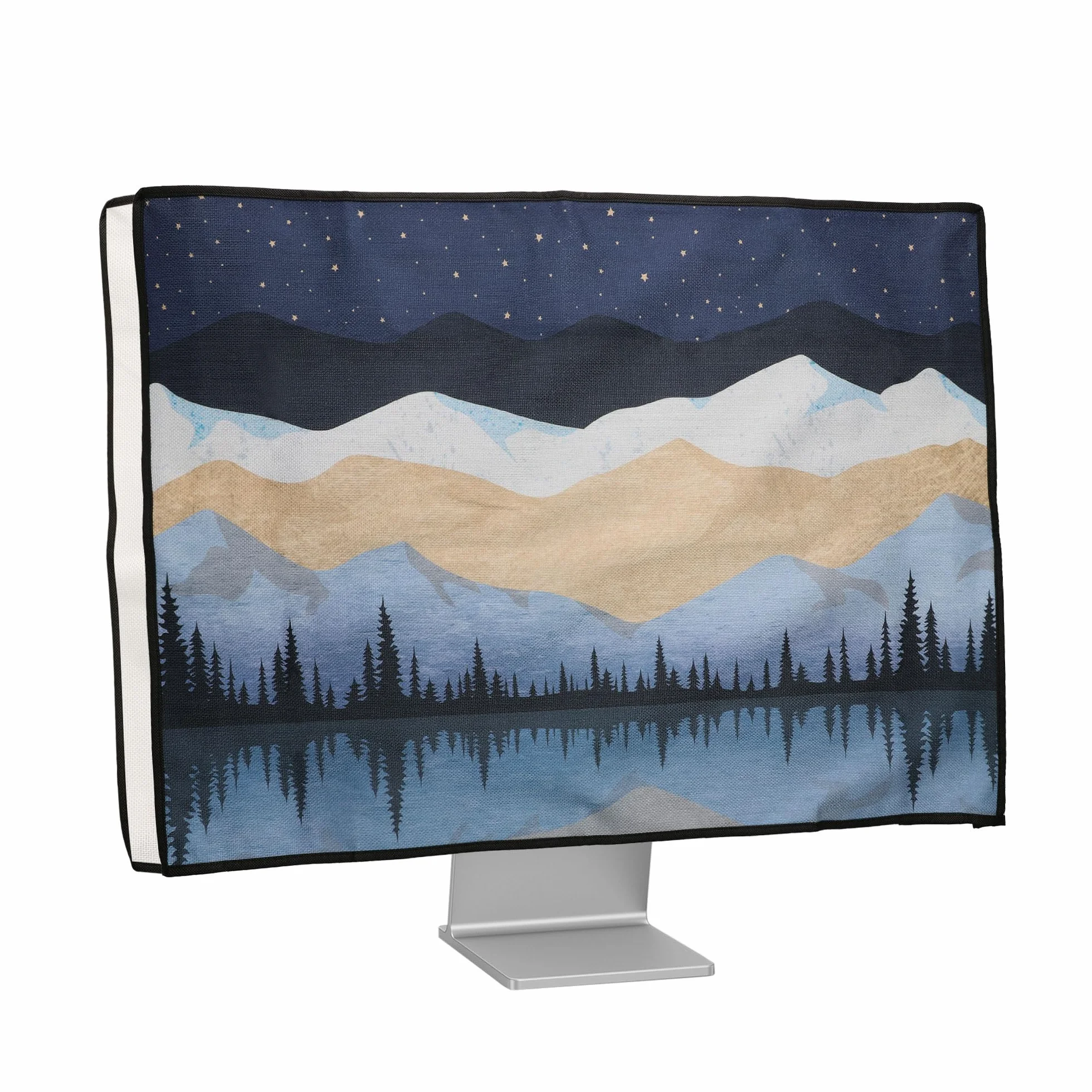 kwmobile Osłona przeciwpyłowa do monitora 50.8–55.9 cm, lniany ochraniacz na monitor z designem, gwiaździsta noc jezioro, biały/jasnobrązowy/ciemnoniebieski