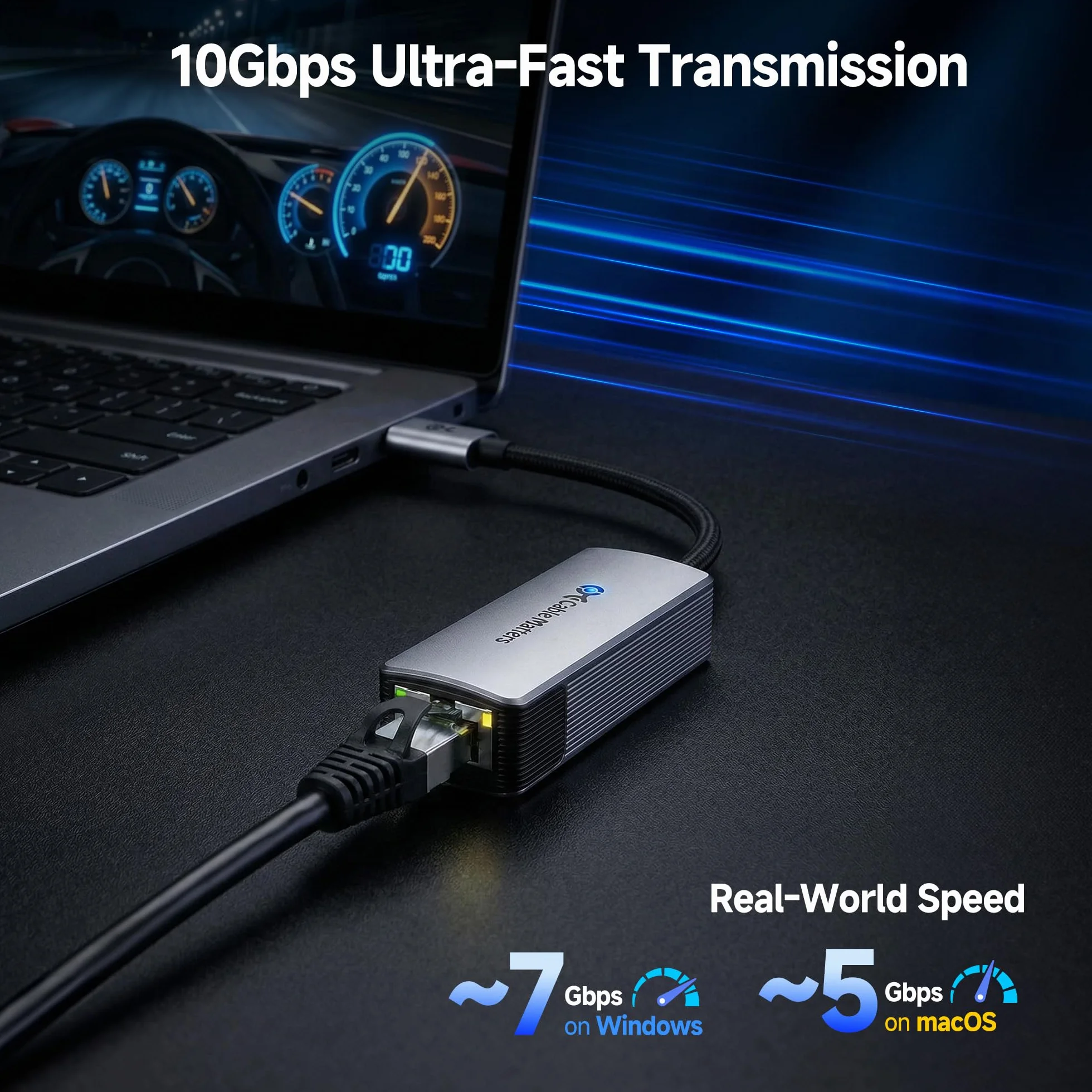 Cable Matters Adapter USB-C do Ethernet 10 Gb, Cichy i Niskotemperaturowy | Rzeczywista prędkość ok. 7 Gbps w Windows i 5 Gbps w macOS, zgodny z USB4 i Thunderbolt 5/4/3
