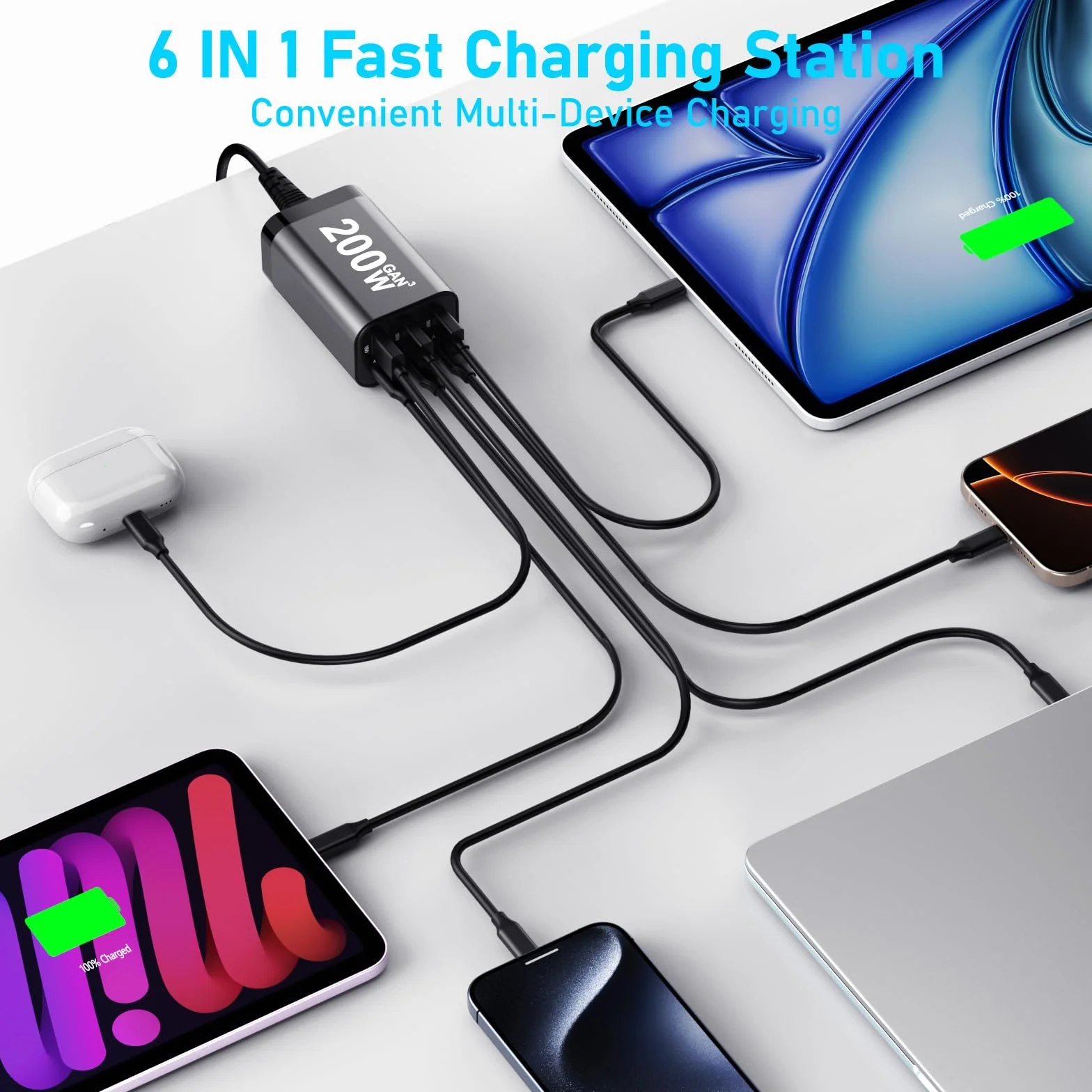 USB C Charger Block 200W 6 Port GaN Fast Charging Station Hub for Laptop, iPad, iPhone 17 Pro Max Fast Charger Pixel DELL MacBook Pro/Air Galaxy S25 Steam Deck USB C 100W Adapter for Android