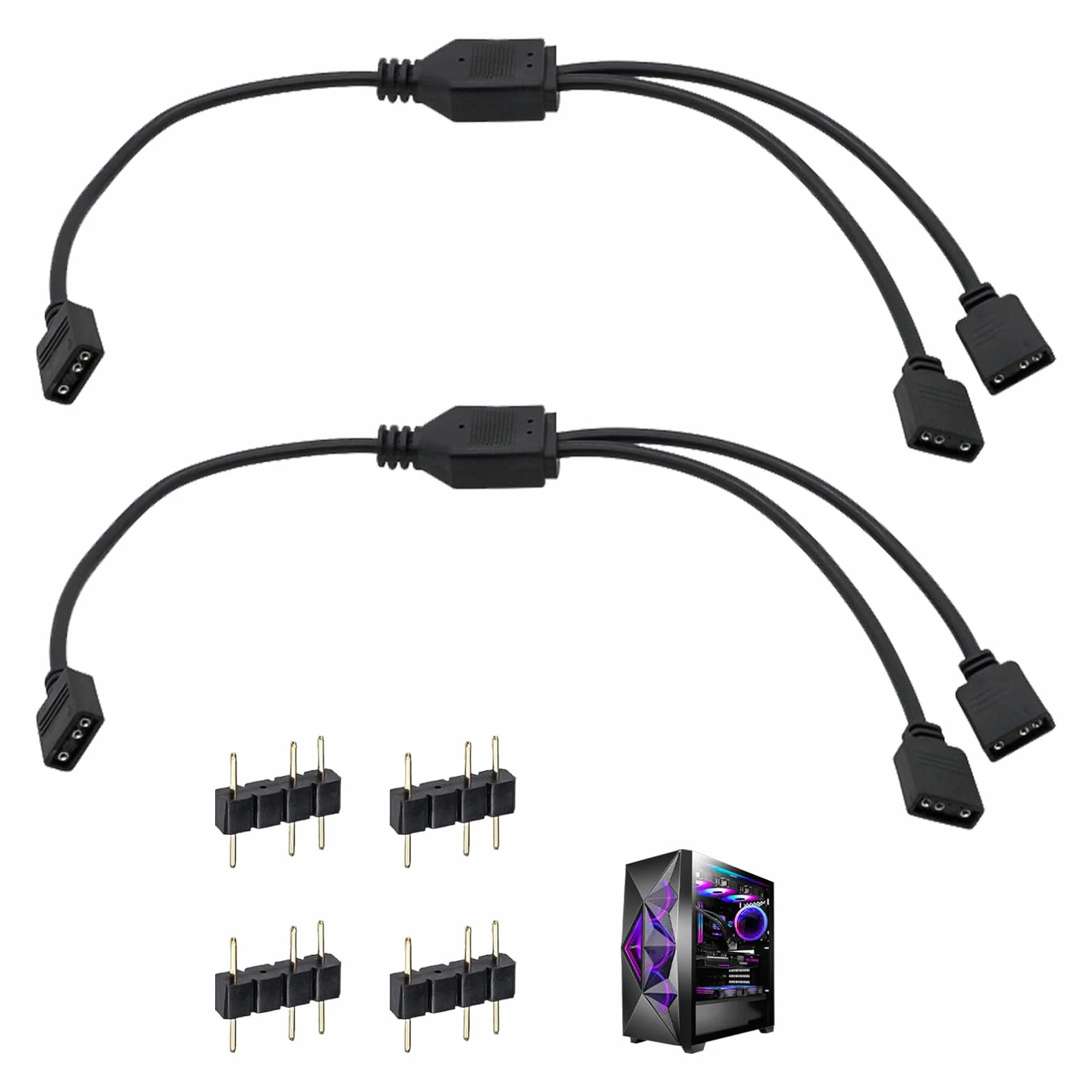 2 kable RGB PC, 1-2, rozdzielacz ARGB, 3-pinowe, 5 V, 30 cm, z pinami męskimi, przedłużenie ARGB do wentylatorów i taśm LED, kompatybilne z płytami głównymi, koncentratorami RGB do gier komputerowych