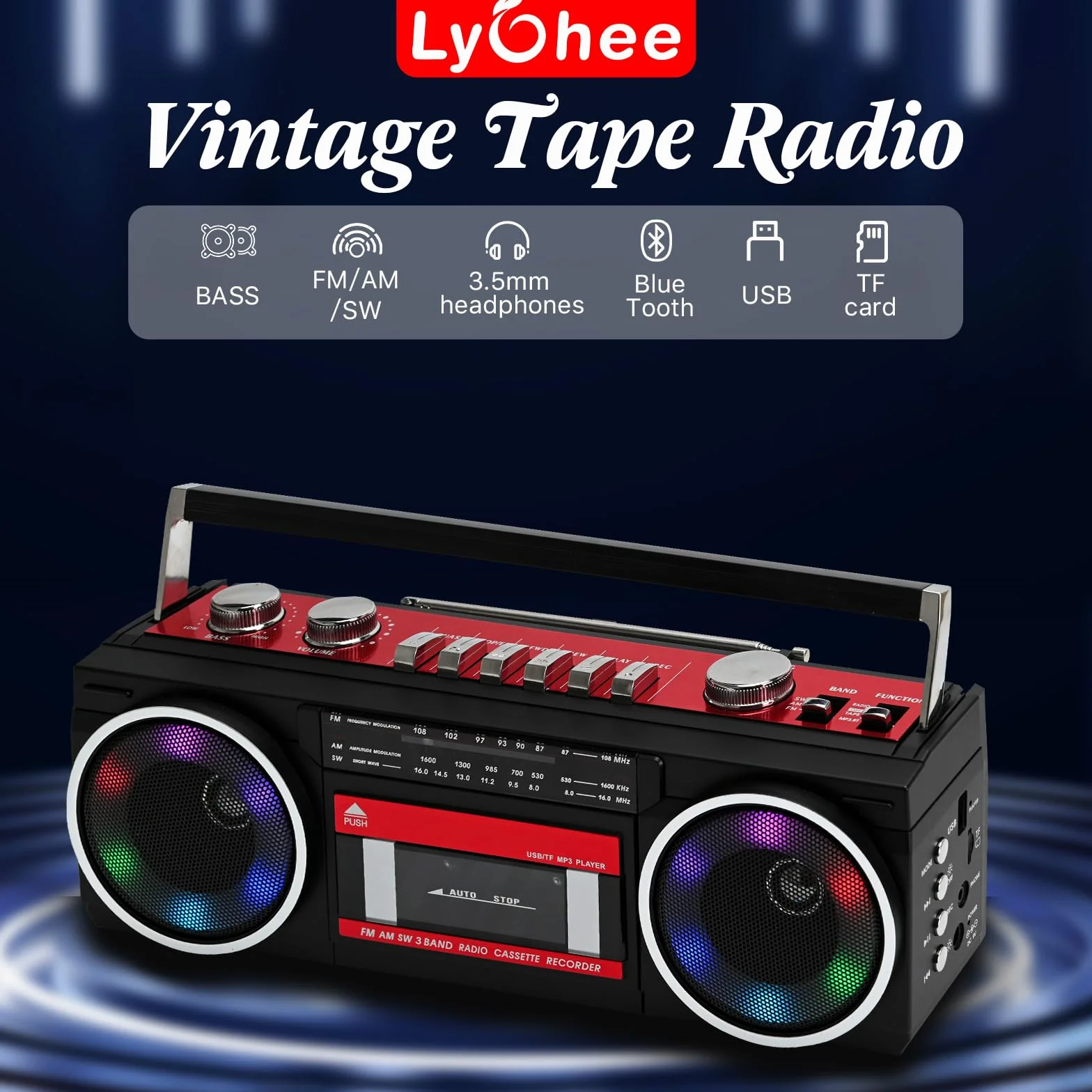 Przenośny odtwarzacz kasetowy Boombox AM/FM/SW radio stereo, odtwarzacz kasetowy, odtwarzacz MP3, Bluetooth, USB, RGB, karta TF (czerwony)