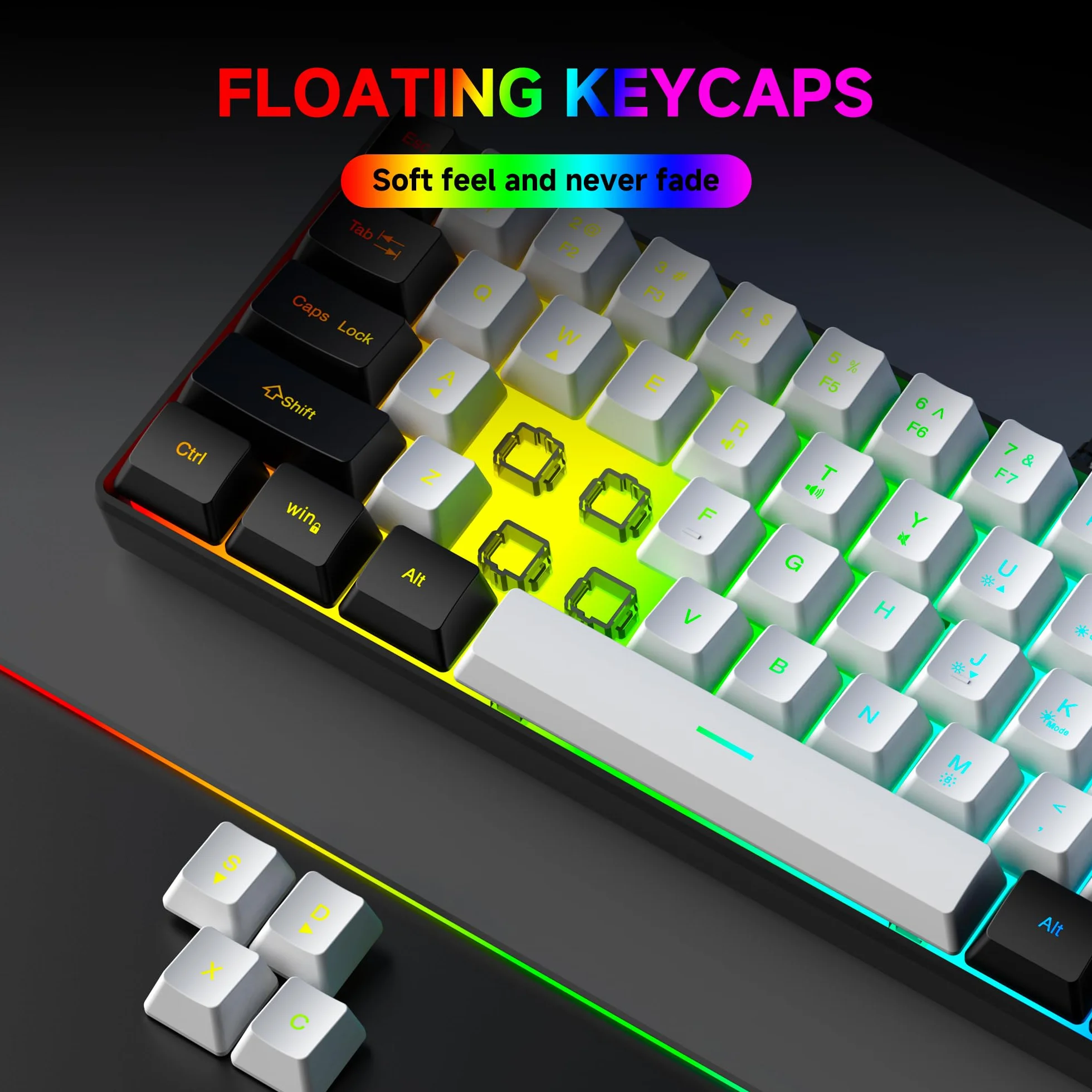 61-klawiszowa kompaktowa klawiatura do gier RGB, układ 60%, kompatybilna z USB-A i typu C, ergonomiczne klawisze membranowe, 8-kolorowe podświetlenie, Plug & Play, do PC/laptopa (Windows 10/8/7)