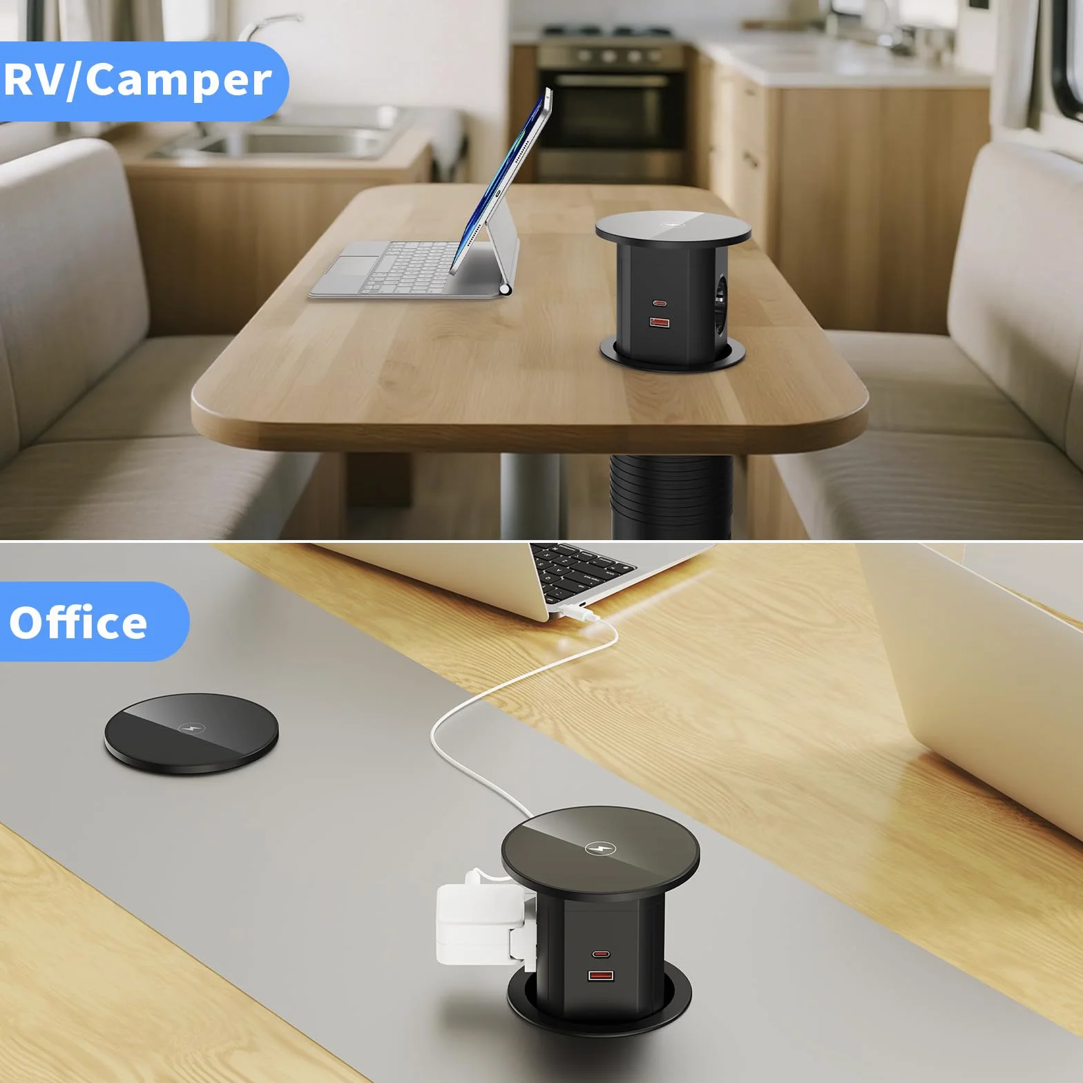 Wysuwane gniazdko elektryczne z bezprzewodowym ładowaniem 15 W, USB-C PD 20 W, Ø 85 mm | 2 Schuko, 2 USB-C, 2 USB-A po 18 W, wyłącznik przeciążeniowy, kabel 2 m, do biurka, kuchni i blatu roboczego