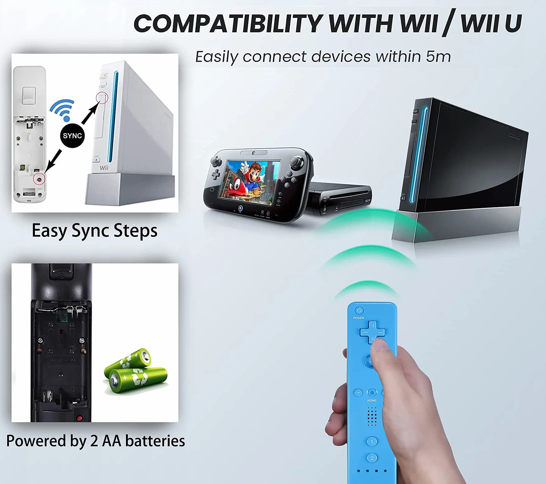 PGYFDAL Zestaw 2 klasycznych kontrolerów bezprzewodowych kompatybilnych z konsolą Wii U, gamepad z miękkim silikonowym rękawem i paskiem na nadgarstek (czerwony + niebieski + różowy + ciemnoniebieski)