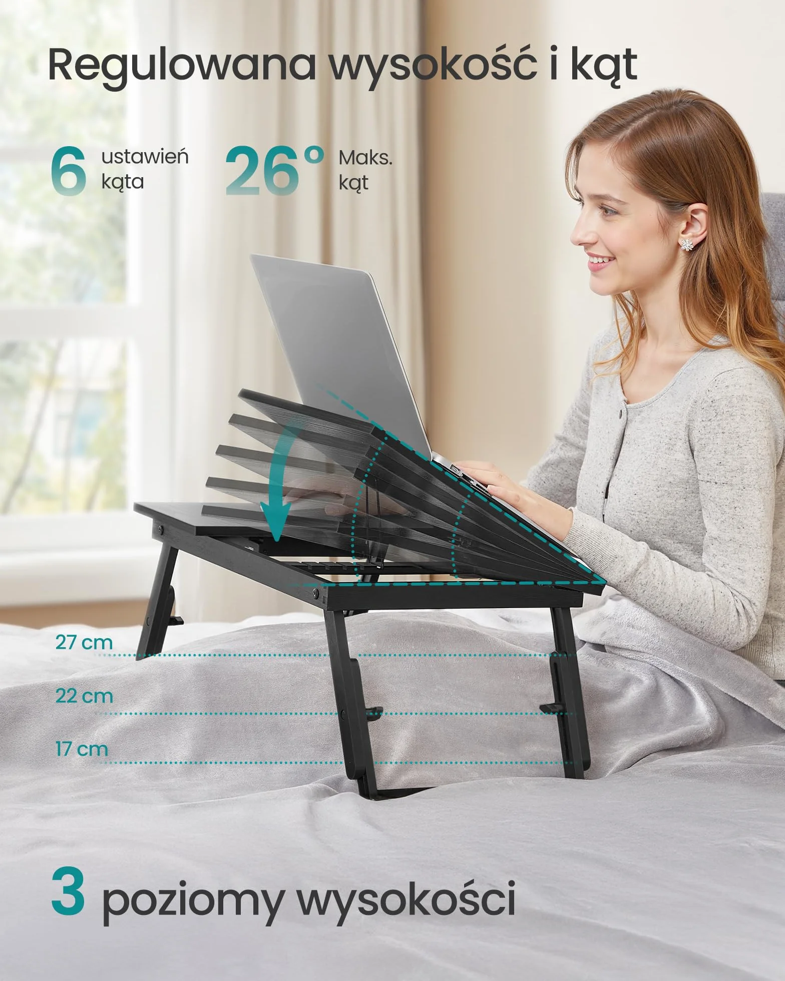 SONGMICS LLD105BE01 stolik na laptopa, łóżko z regulowanym kątem i wysokością, składany stojak na laptopa do 15,6 cala, do pracy, czytania, śniadania, bambusa, szuflady, czarny atrament