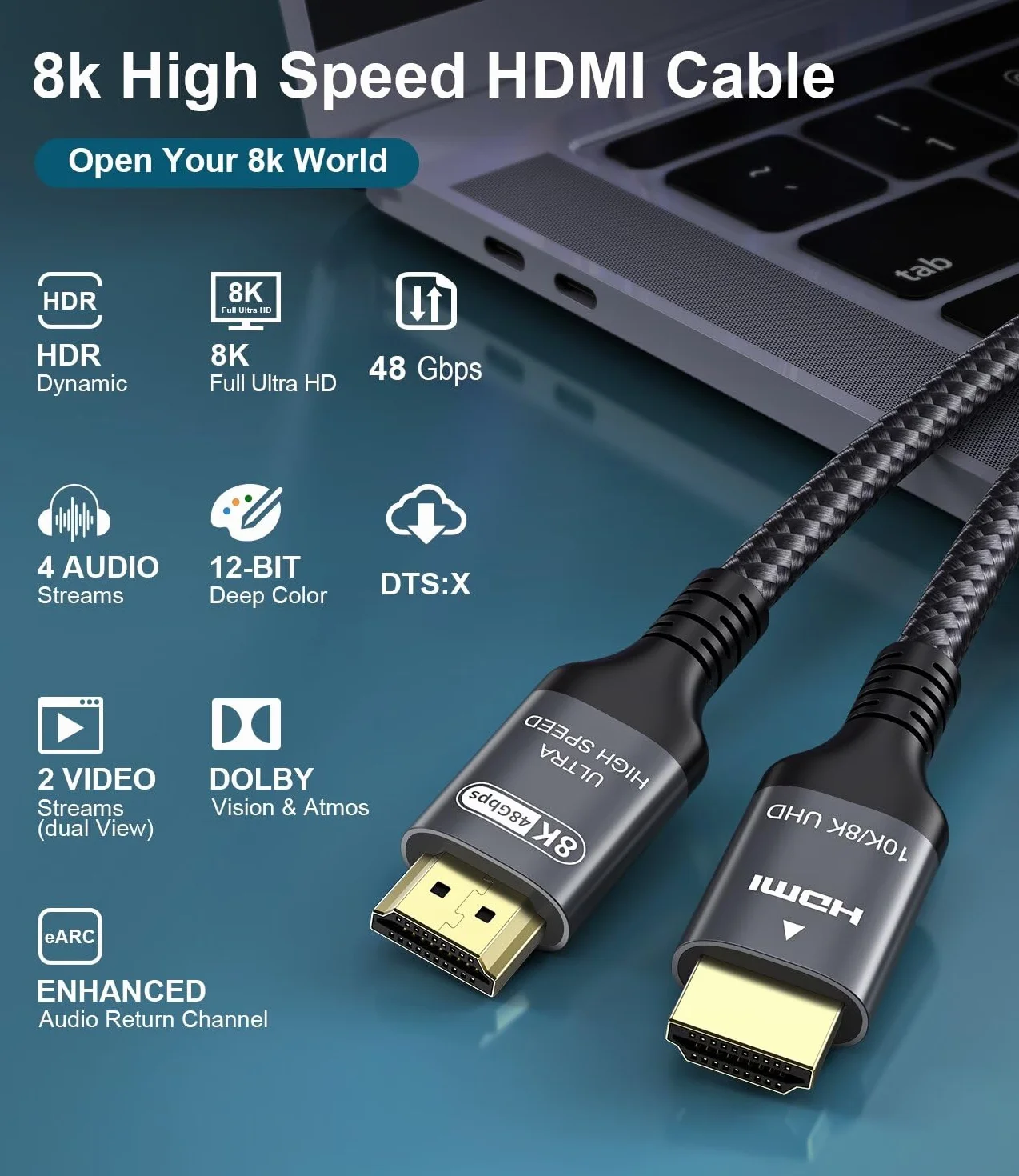 Certyfikowany 10K 8K Kabel HDMI 2.1 0.5M, 48Gbps Ultra Wysoka Prędkość Kabel HDMI Ethernet CEC 4K 240Hz 144Hz 120Hz 10K 8K 60Hz ARC eARC HDCP2.3 HDR10+ PC Laptop TV Monitor Projektor PS5 X-Box