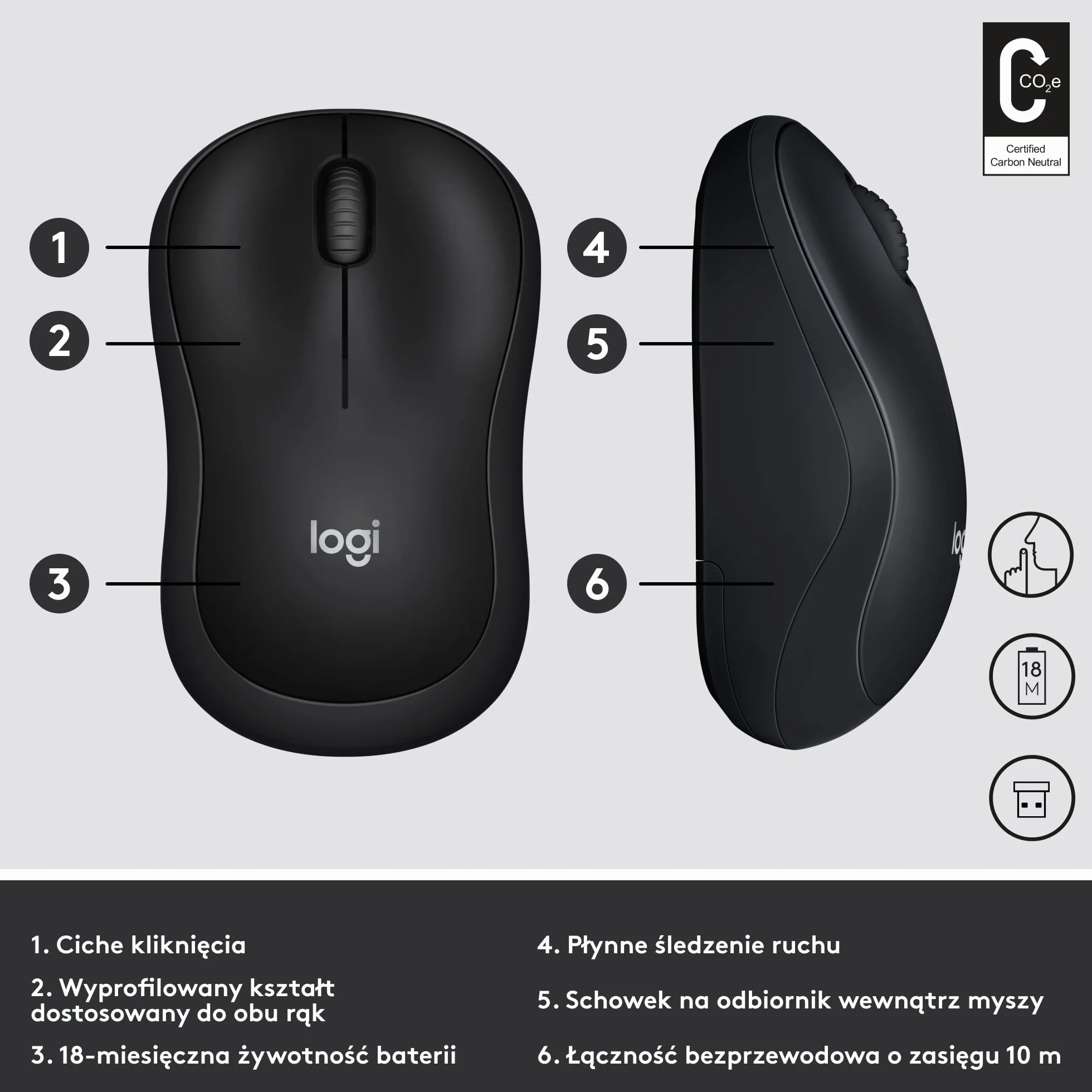 Logitech M220 SILENT Mysz bezprzewodowa, 2,4 GHz z miniodbiornikiem USB, 18-miesięczna żywotność baterii, śledzenie optyczne 1000 DPI, oburęczna, PC, Mac, laptop - Szary