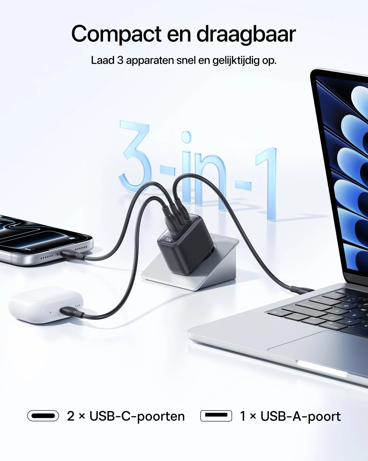 Baseus Enerfill ładowarka USB C 70 W, 2 sztuki, 3-portowa ładowarka GaN6, kompaktowy zasilacz sieciowy do MacBook Air, iPhone 17/16/15 Pro Max, iPad Pro, Galaxy S25/S24, Pixel, laptopa i wielu innych