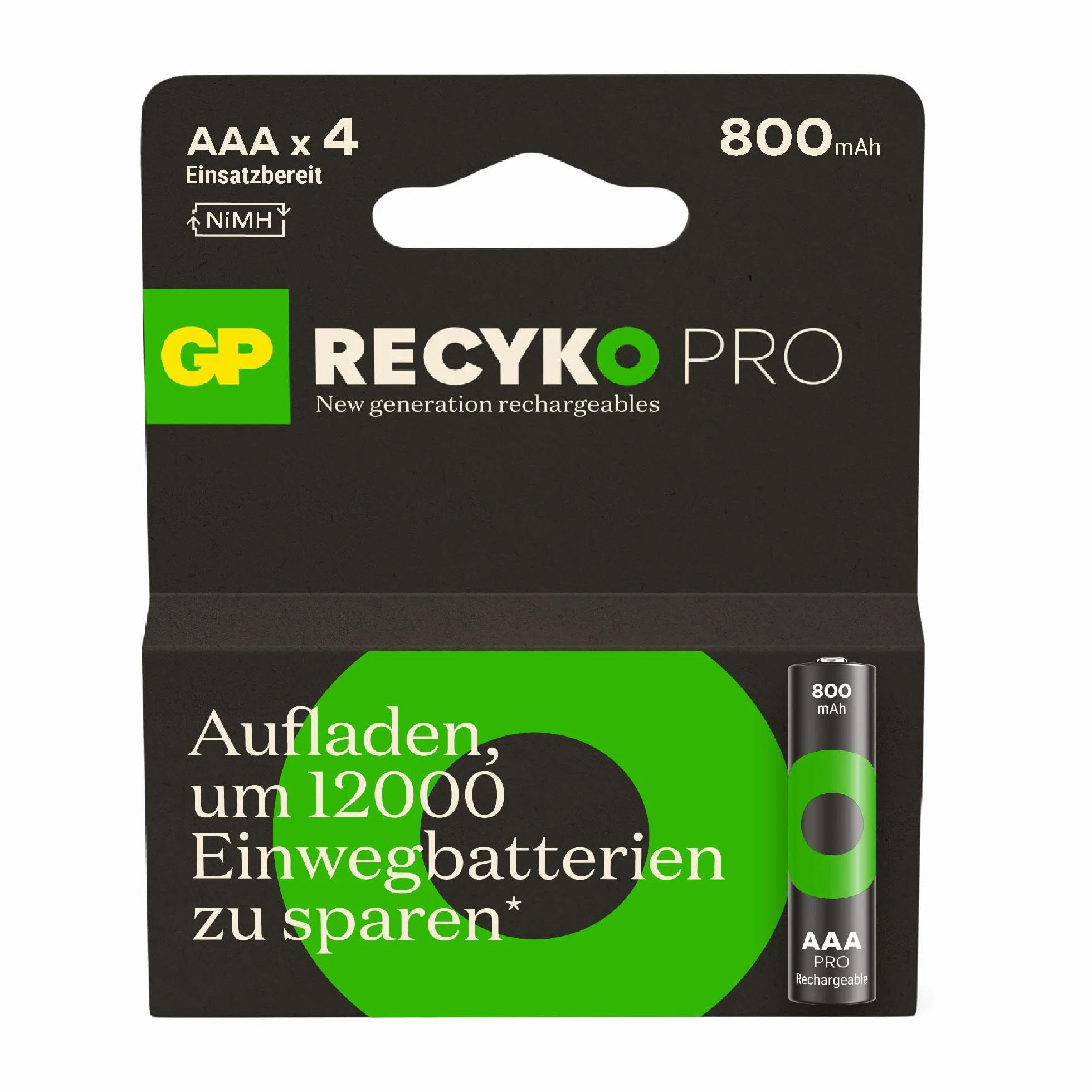 GP ReCyko PRO AAA akumulator 800 mAh NiMH, 1,2 V, 4 sztuki baterii AAA do ponownego ładowania, zaprojektowany dla optymalnej wydajności w przypadku urządzeń o dużej mocy, do 1500 cykli ładowania