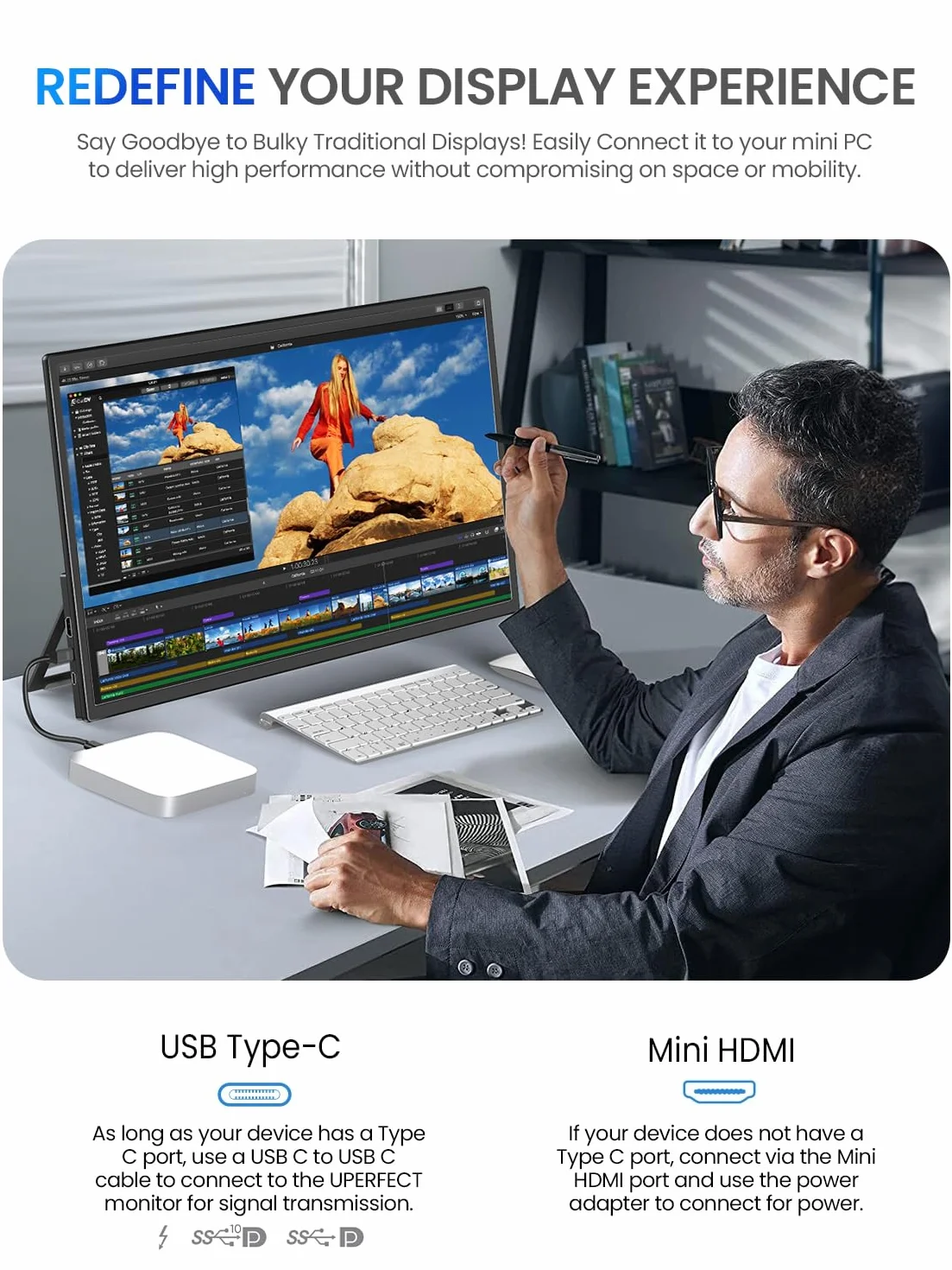 UPERFECT 54,6 cm (21,5") 120Hz QLED Monitor z ekranem dotykowym przenośny, 125% SRGB 2000:1 Wyświetlacz matowy 1080P z regulowanym uchwytem 180° USB C HDMI dla laptopa/konsoli do gier/smartfona/PC