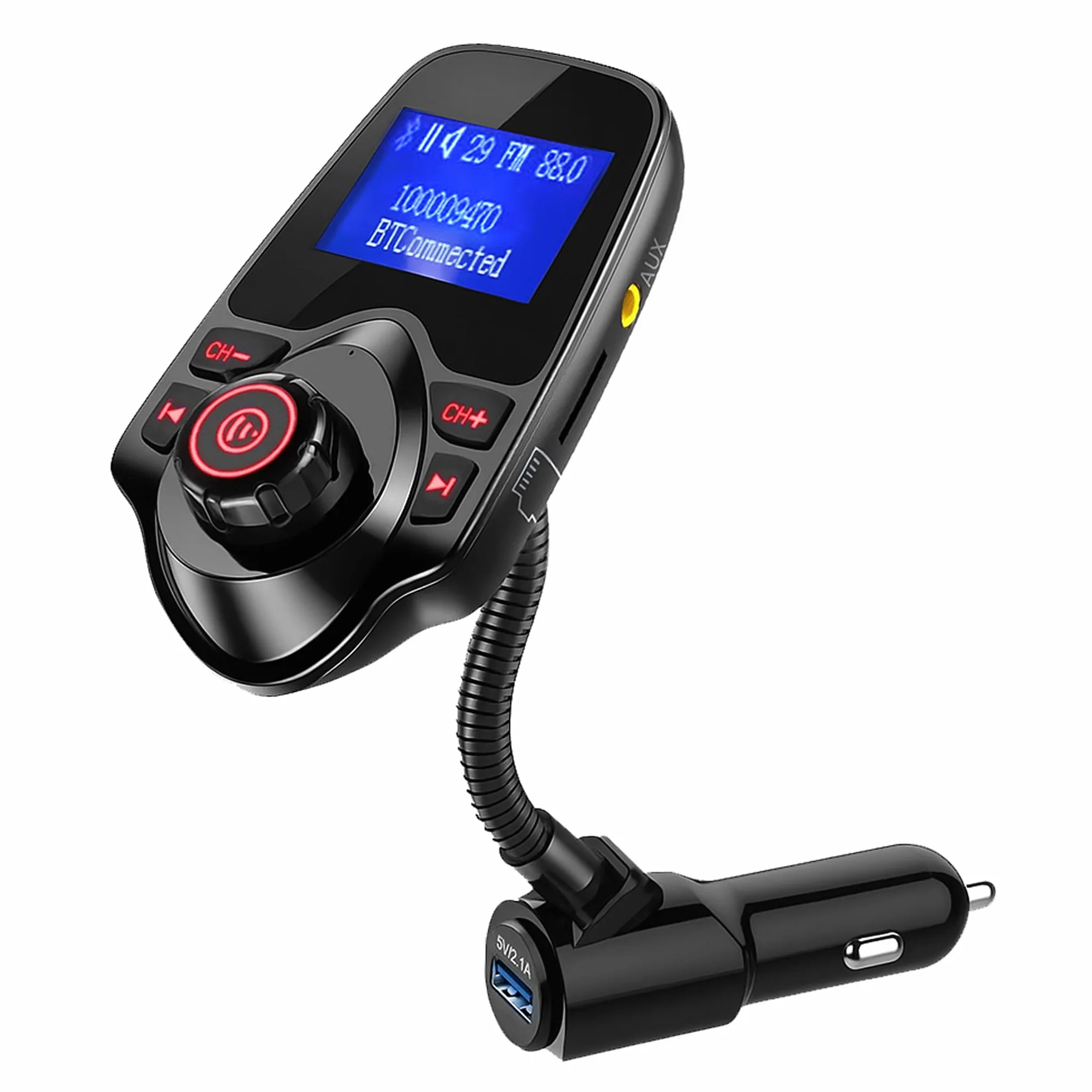 ONN Upgraded 2025 Car Bluetooth FM Transmitter – 1.44" Display, Flexible Gooseneck, Hands-Free Calls, Wireless Music Player, Radio Adapter, USB Charger, Micro SD Card & AUX Support