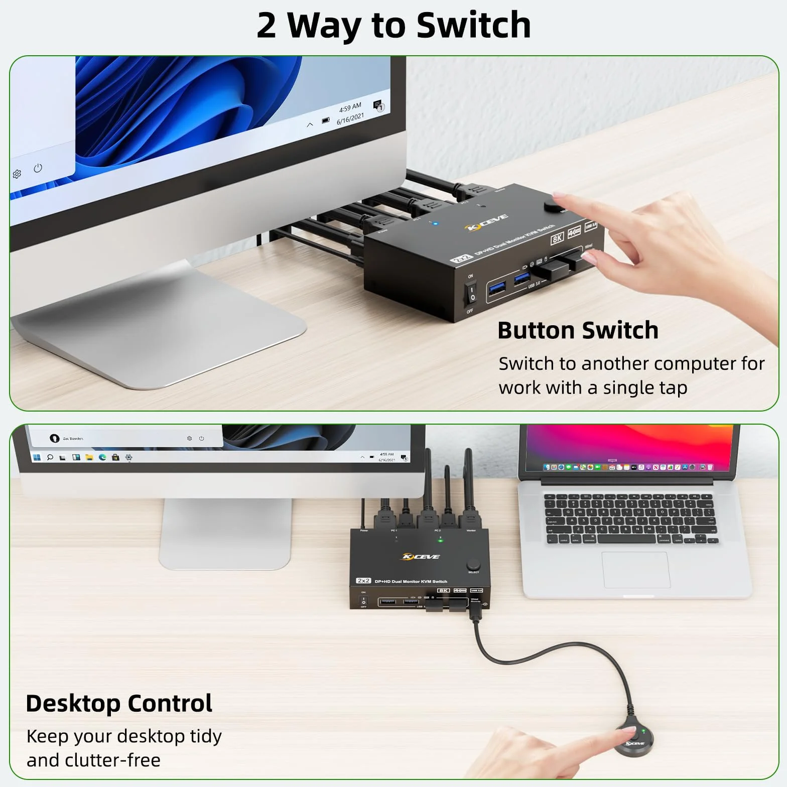 Przełącznik KVM 8K 2 PC 2monitor 8K 60 Hz 4K 144 Hz DP + HDMI Dual Monitor Switch do 2 Monitorów USB 3.0, Pilot Zdalnego Sterowania, Zasilacz 12 V i Kabel USB