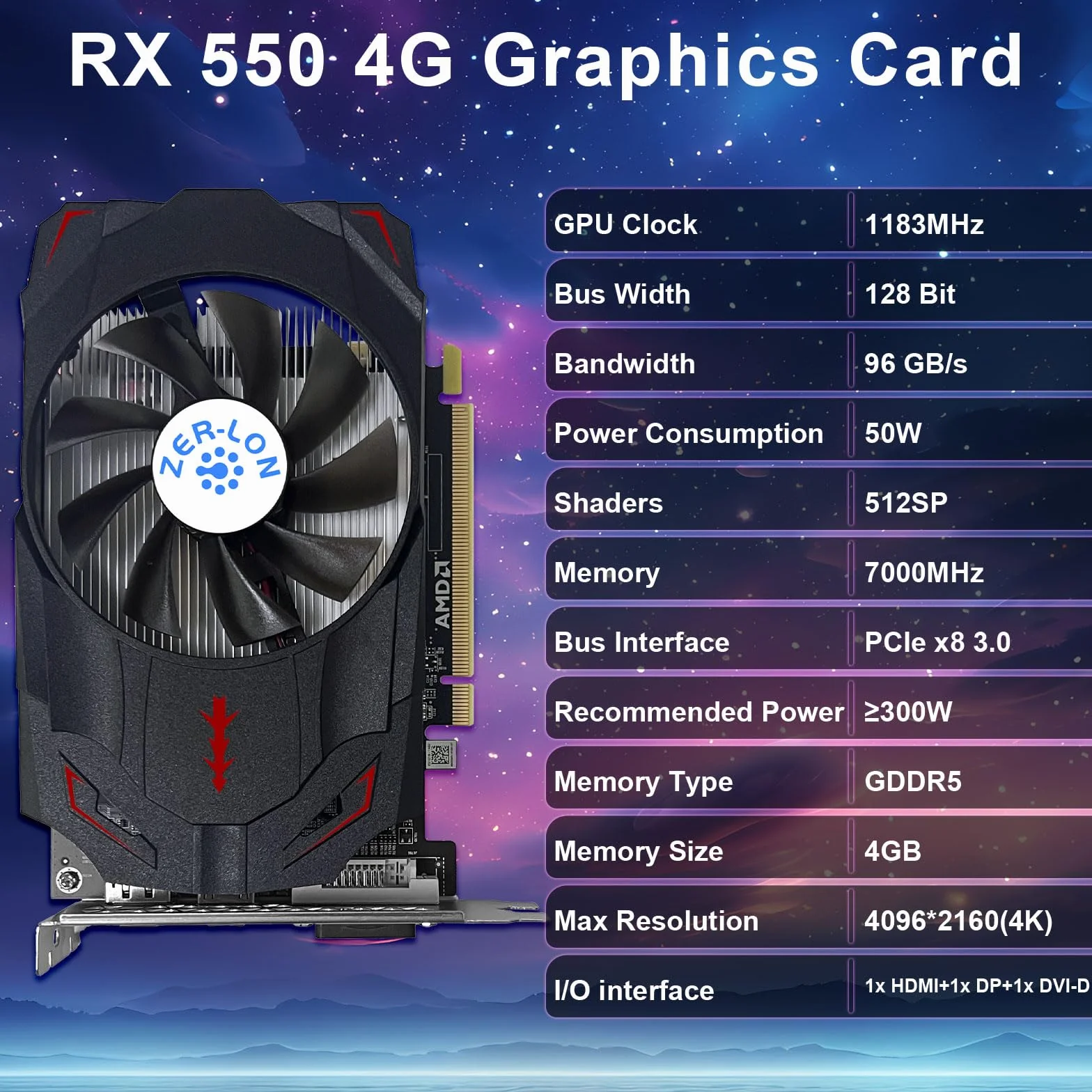 ZER-LON Karta graficzna Radeon RX 550 4 GB, GDDR5 128-bitowy PCIE 3.0 komputer gamingowy Gpu, karta graficzna 1183 MHz z portami HDMI/DP/DVI obsługuje 4K