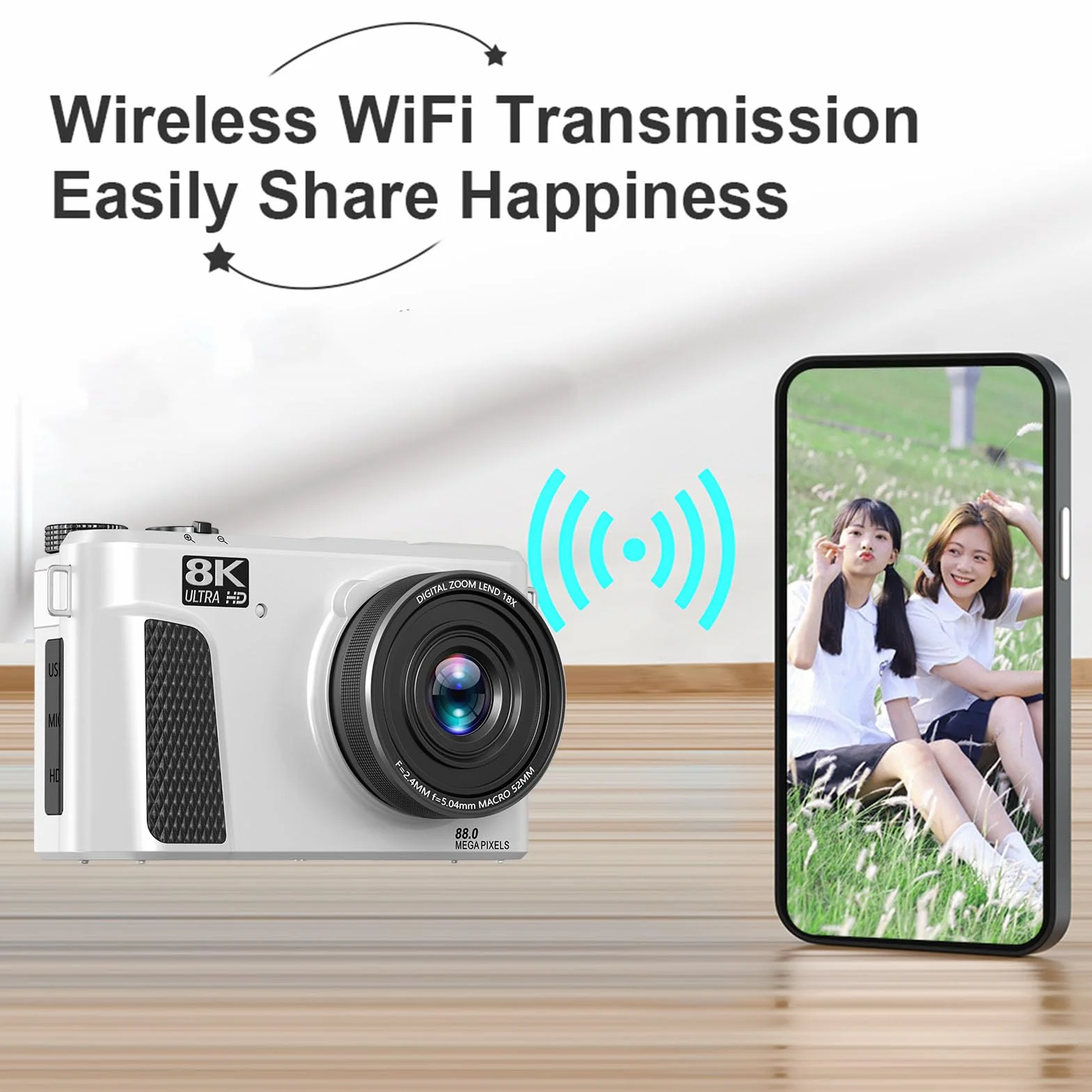 Goshyda Aparat Cyfrowy 8K, Aparat UHD 88MP z kontrolą Wi -Fi, 18 -krotny Aparat Zoomu do Vlogowania z Ekranem 3 Cali 180 °, Autofokus do Wideo na żywo (WHITE)