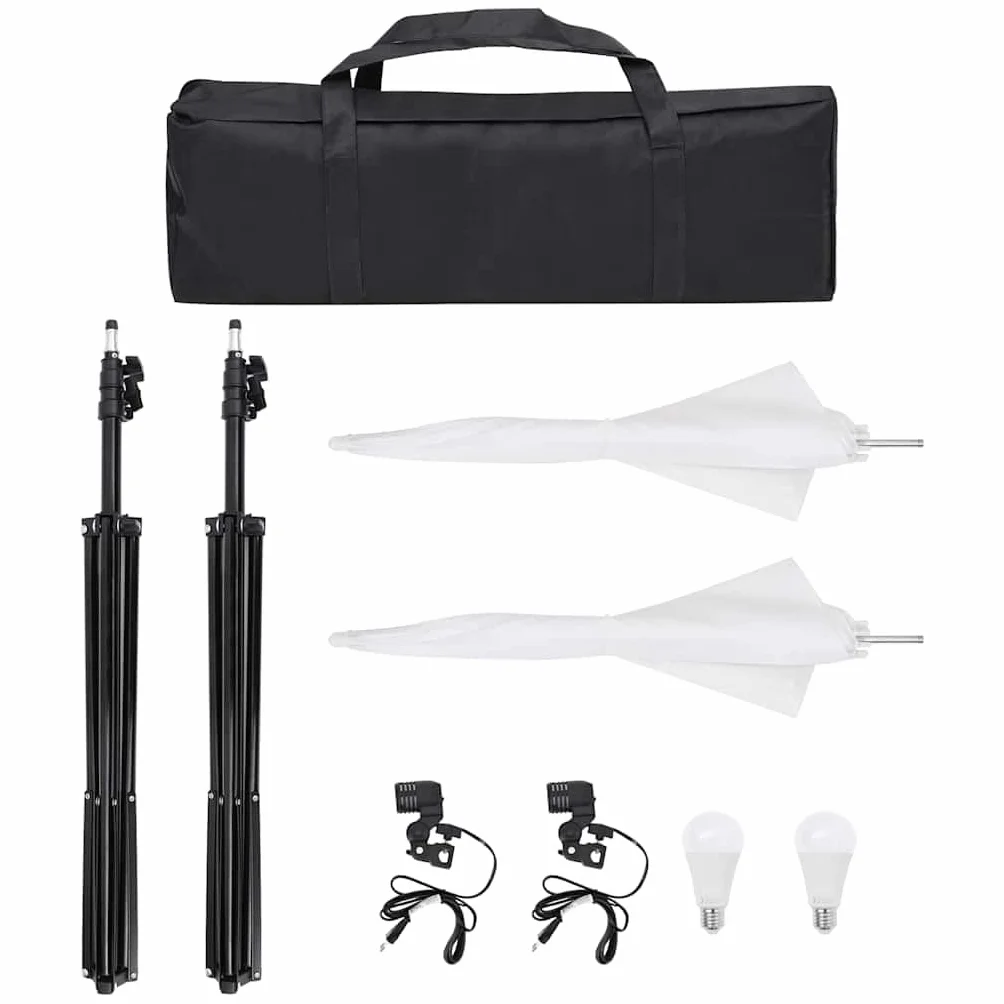 Zestaw do studia fotograficznego z lampkami LED ze światłem dziennym, aluminiowymi statywami, ściemnianym oświetleniem, 2 białe abażury, 300 x 300 cm zielone tło, torby do fotografowania