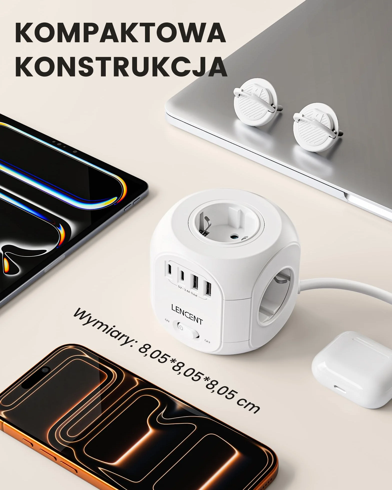 LENCENT 10 Metry Listwa Zasilająca z Płaską Wtyczką, 4 Przegrody 8 w 1 | Listwa Zasilająca z 3 Gniazdami USB A + 1 Gniazdkiem Typu C, Adapter z Przełącznikiem 10 M Kable, Wtyczka Domowa, Typu C/E/F