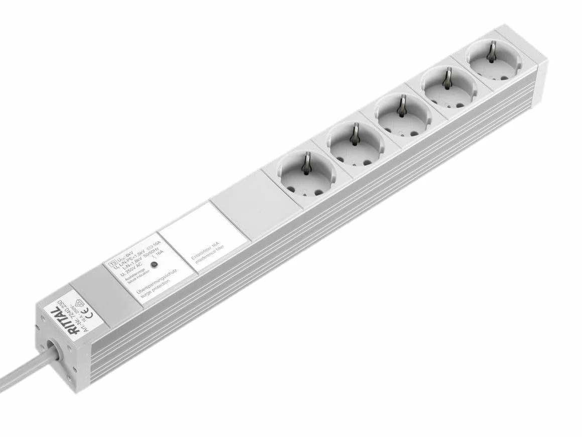 Rittal 7240230 7240.230 DK listwa zasilająca D Schuko z 5 gniazdami 250 V 16 A LHT 482 6 x 44 mm z ochroną przed przepięciem, 230 V, szara