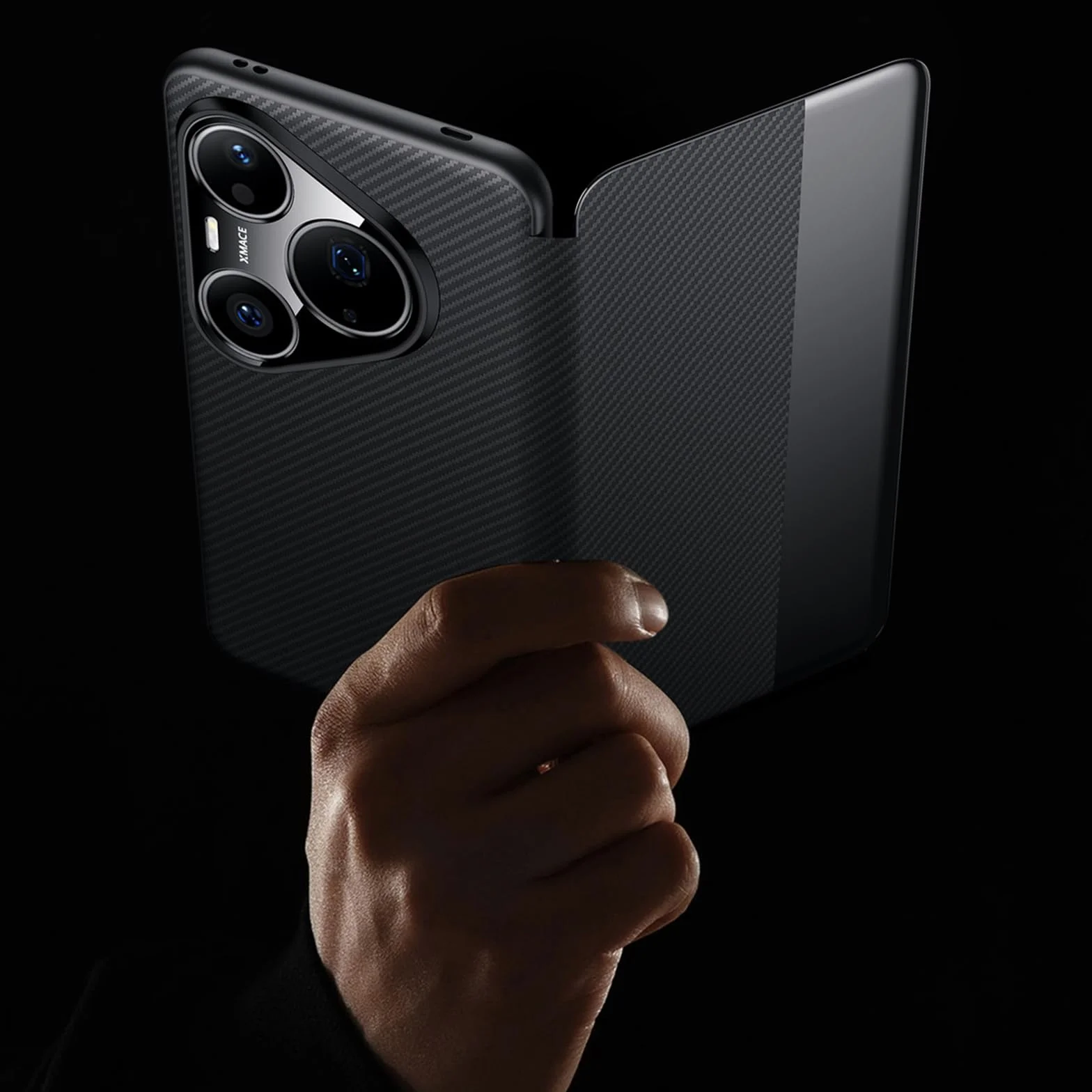 Cienkie etui do Huawei Pura 90 Pro Max / 90 Pro / 90, luksusowe, biznesowe etui z włókna węglowego, skórzane etui na telefon komórkowy, inteligentne okienko, z klapką, czarne, 90