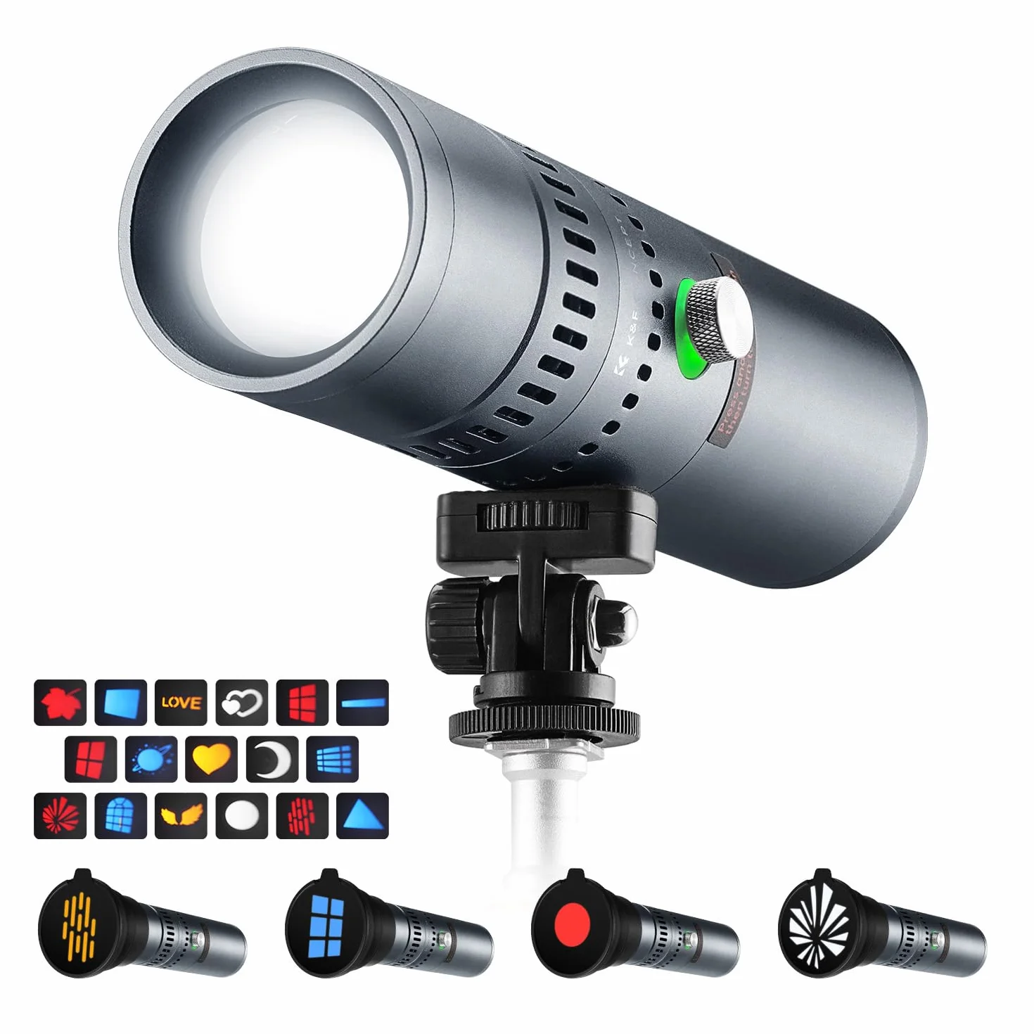 K&F CONCEPT SP25C Latarka LED 25 W z Gimbal DIY GOBO, ładowanie 30 W, szara | Możliwość dostosowania, ściemniania i zoomu 6500 K, bateria 9000mAh (3,7 V), 20 filtrów światła, szybkie ładowanie 30 W