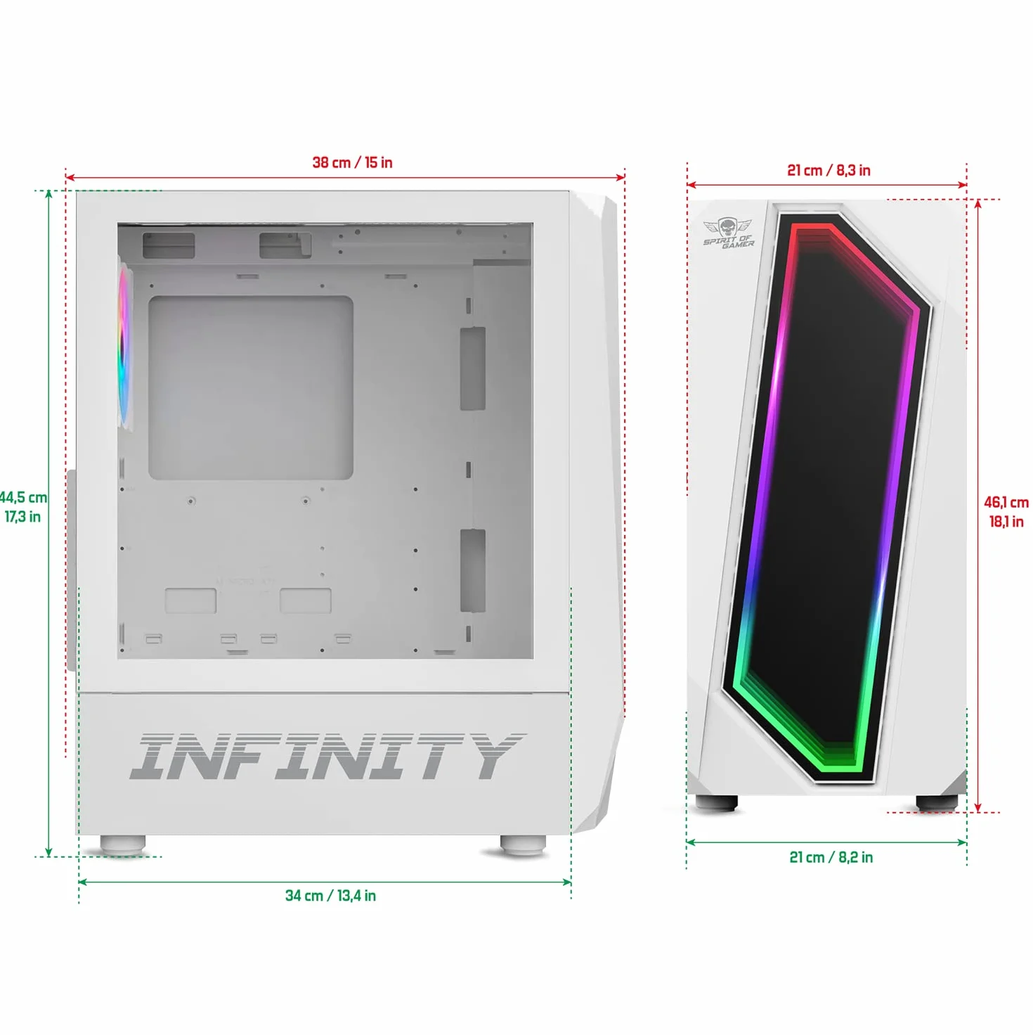 Spirit Of Gamer - Infinity Artic | Obudowa PC Gamer White RGB Medium ATX | Pusta wieża PC do gier ze ścianą boczną ze szkła hartowanego | Kompatybilny z ATX, mATX, ITX | 2 wentylatory PC 120 mm, w tym
