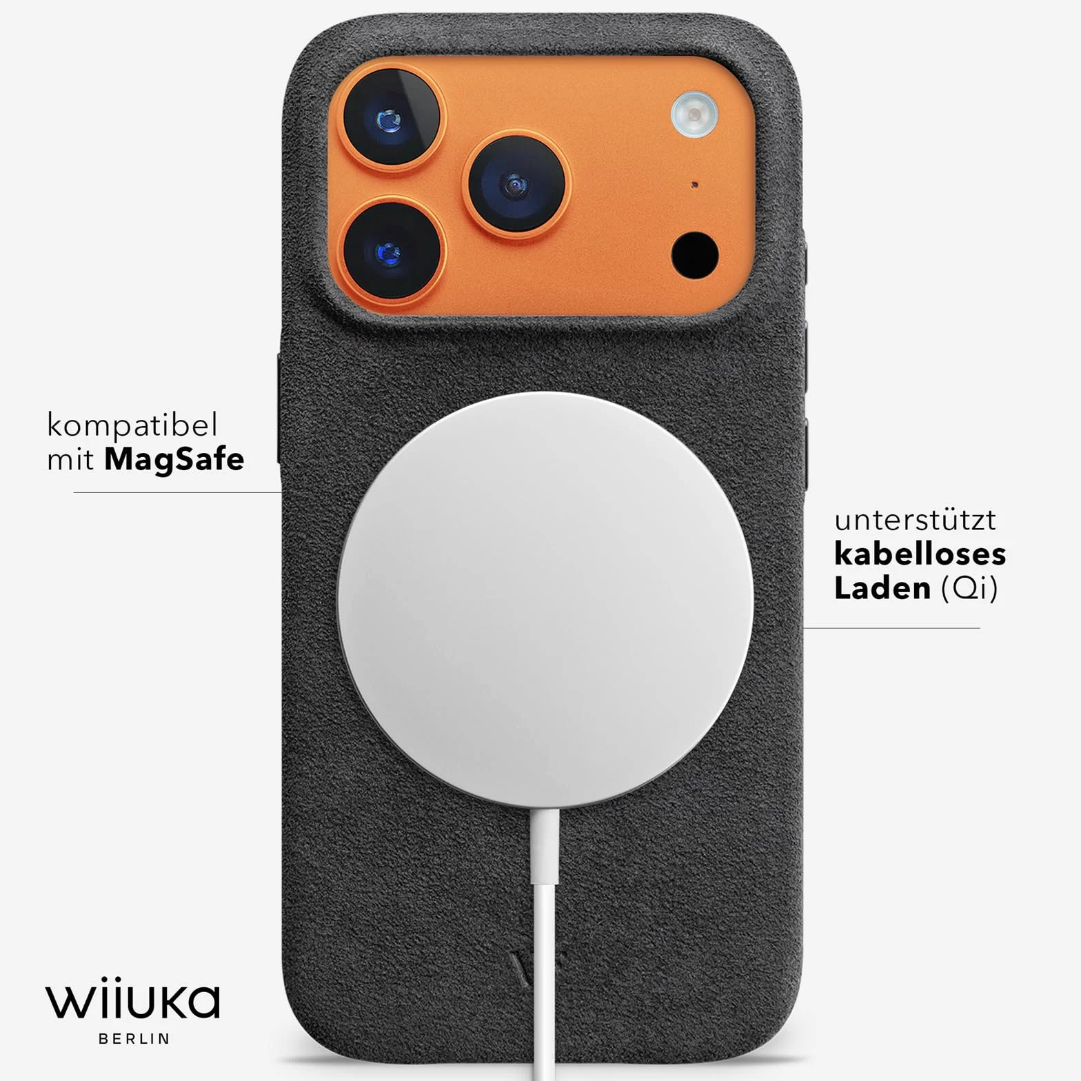 WIIUKA Etui do iPhone 17 Pro, oryginalne Alcantara, ręcznie wykonane, ochrona 360°, wyjątkowo smukłe, etui na telefon komórkowy, etui, Qi, alternatywa dla skóry, skiin VL Alcantara, Mystery Grey