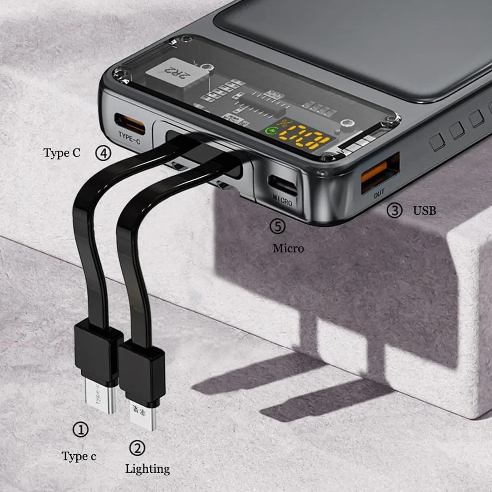 Olśniewający Fajny Przezroczysty Mecha Power Bank 30000mAh Ładowarka Do Telefonu O Dużej Pojemności Przenośne Cyfrowe Powerbanki Z Wyświetlaczem Z Liniami (Size : 30000mAh, Color : WHITE)