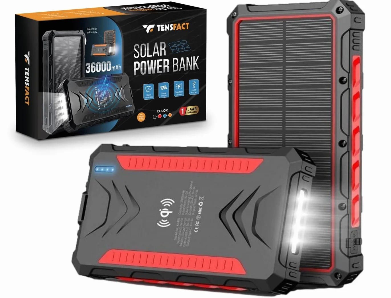 Solar Powerbank 36000 mAh bezprzewodowa ładowarka - Powerbank Solar - USB & USB-C - czerwona