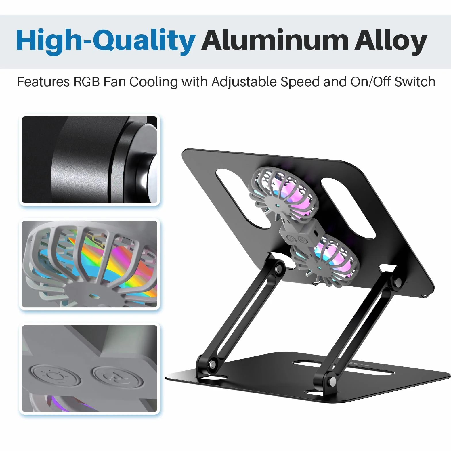 YICOSUN Regulowany stojak chłodzący na laptopa z 2 cichymi wentylatorami i oświetleniem RGB, stop aluminium i składana, ergonomiczna konstrukcja do MacBooka, Lenovo, ASUS, Dell 25-40.6 cm, idealny do