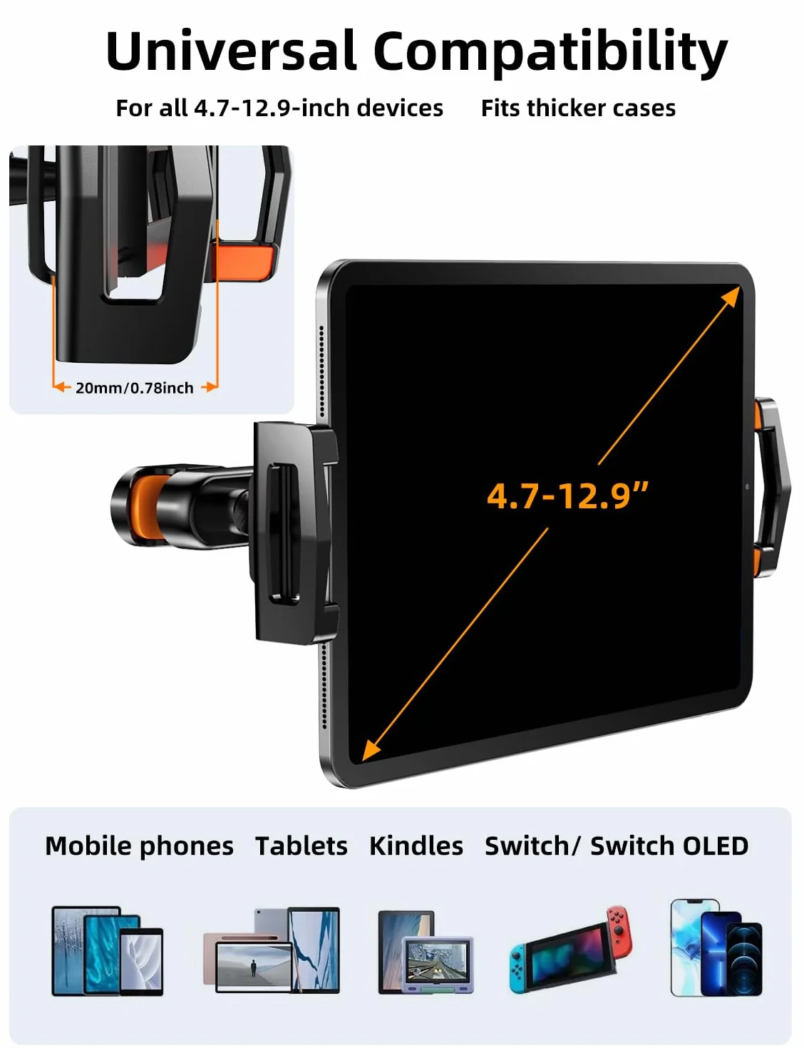 Samochodowy uchwyt do tabletu, uchwyt na tablet, zagłówek, uniwersalny uchwyt na zagłówek do Galaxy Tab, iPad Pro 12.9/11/Air/Mini, Switch, Fire HD i urządzeń 4-12,9"